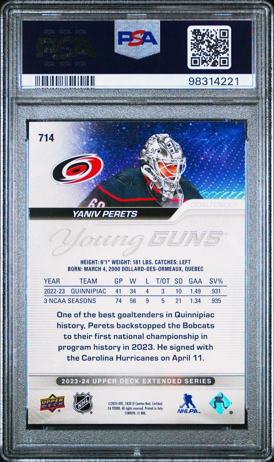 2023-24 Upper Deck - Yaniv Perets #714 - Young Guns ROOKIE - PSA - YG Rookie