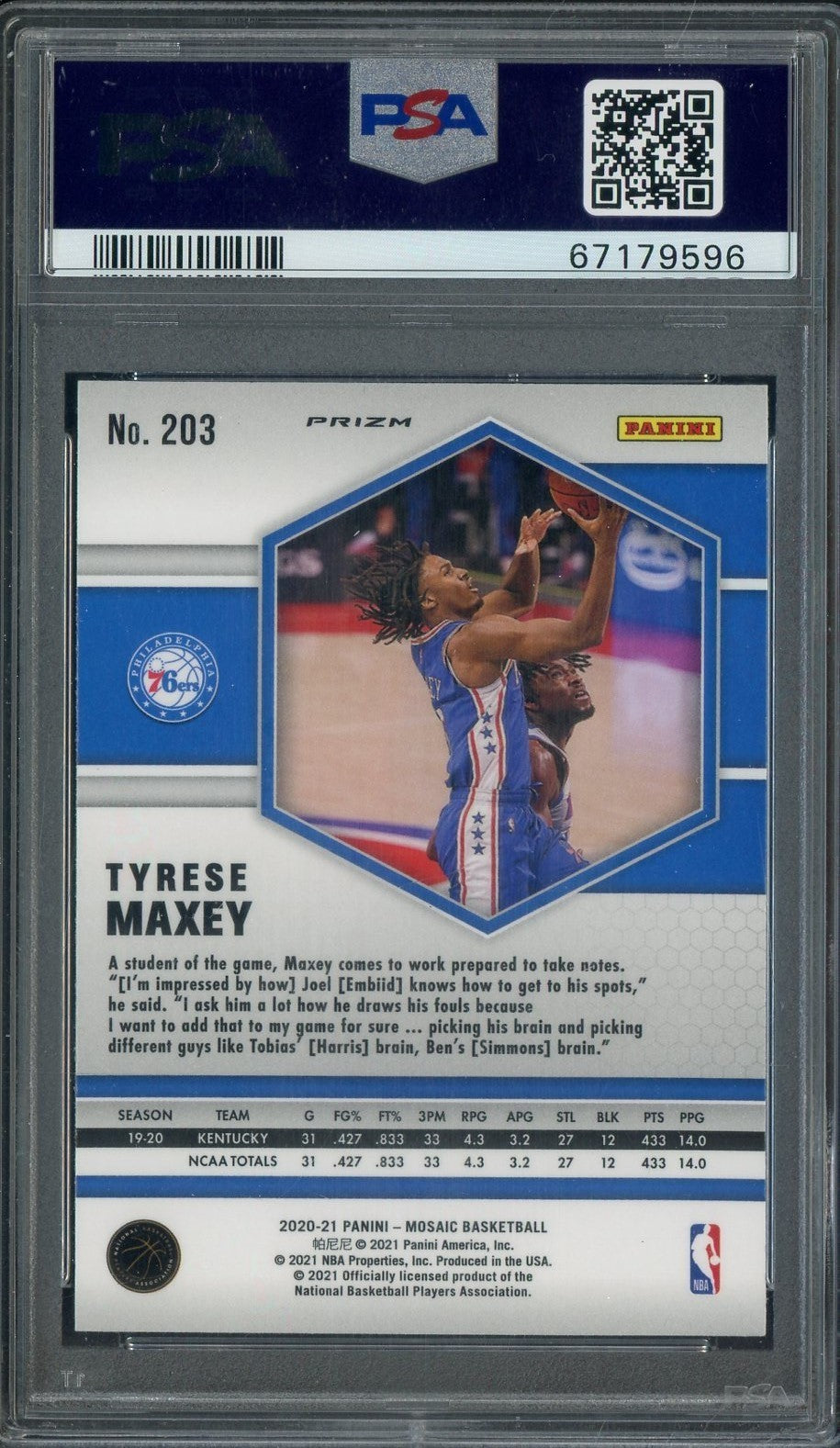 2020 Mosaic - #203 Tyrese Maxey - 76ers - Green Mosaic ROOKIE - PSA - ROOKIE