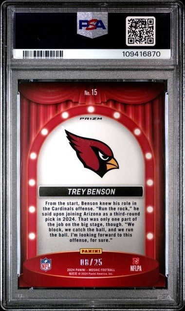 2024 Panini Mosaic - Trey Benson - Center Stage White /25 - ROOKIE - PSA - /25