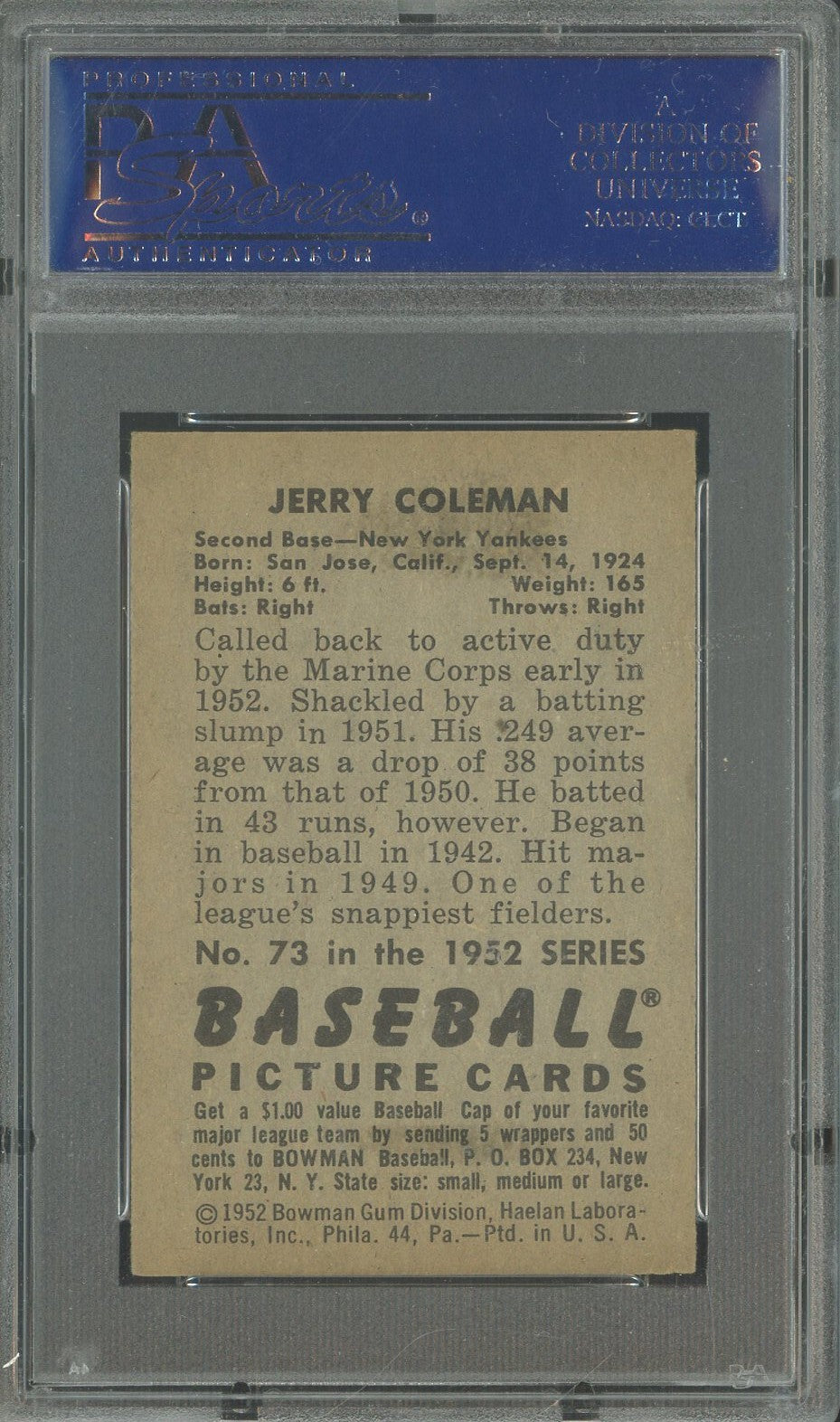 1952 Bowman Baseball - Jerry Coleman #73 - New York Yankees - PSA 6