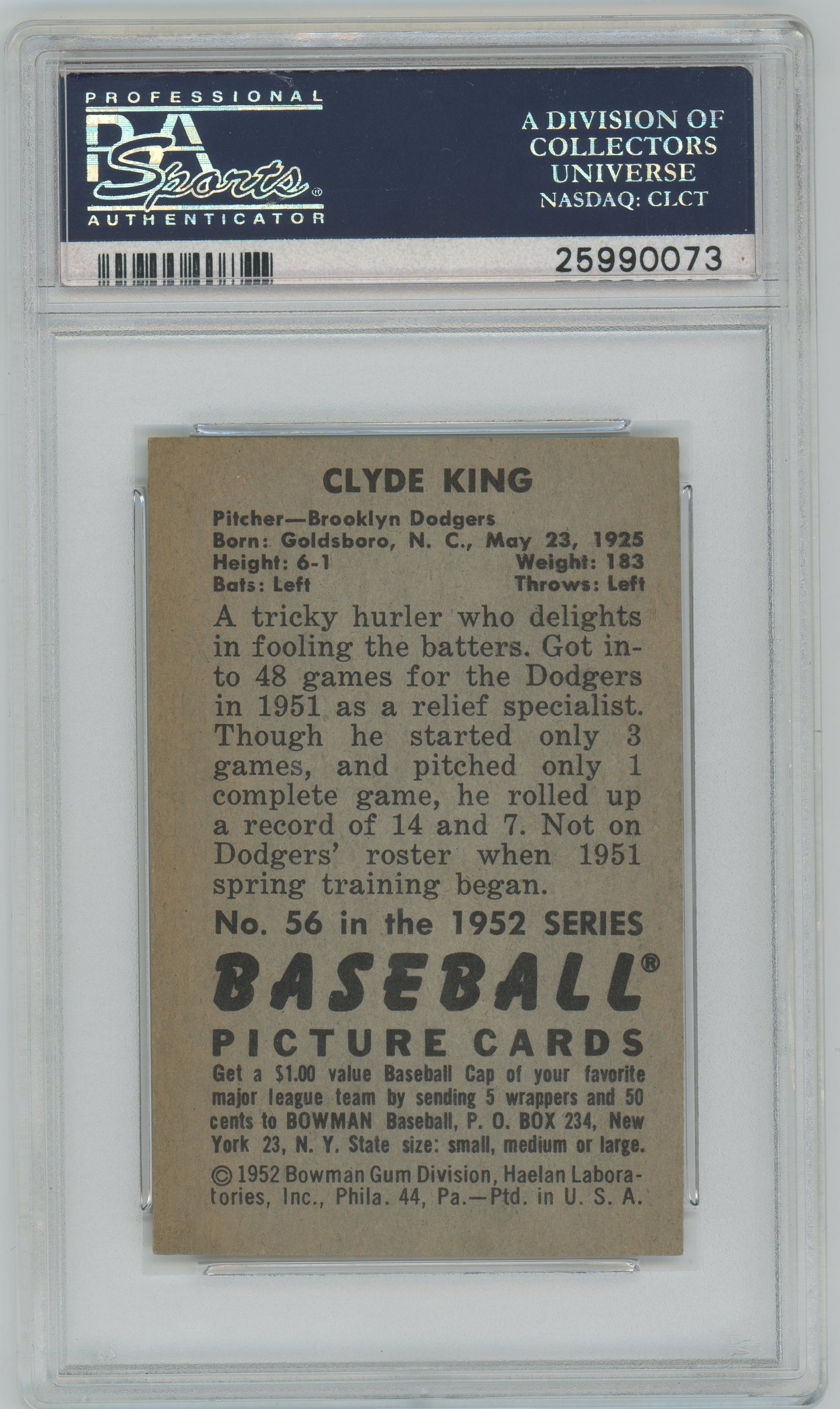 1952 Bowman Clyde King #56 PSA 6