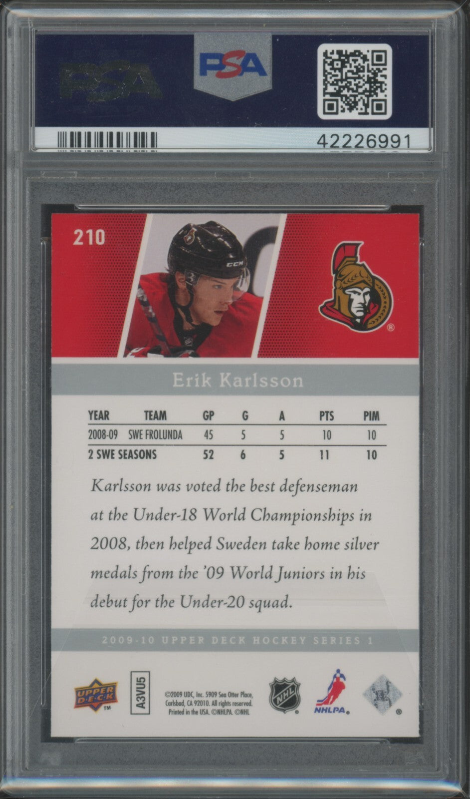 2009-10 Upper Deck- Erik Karlsson #210 - Young Guns - Rookie - YG ROOKIE - PSA 9