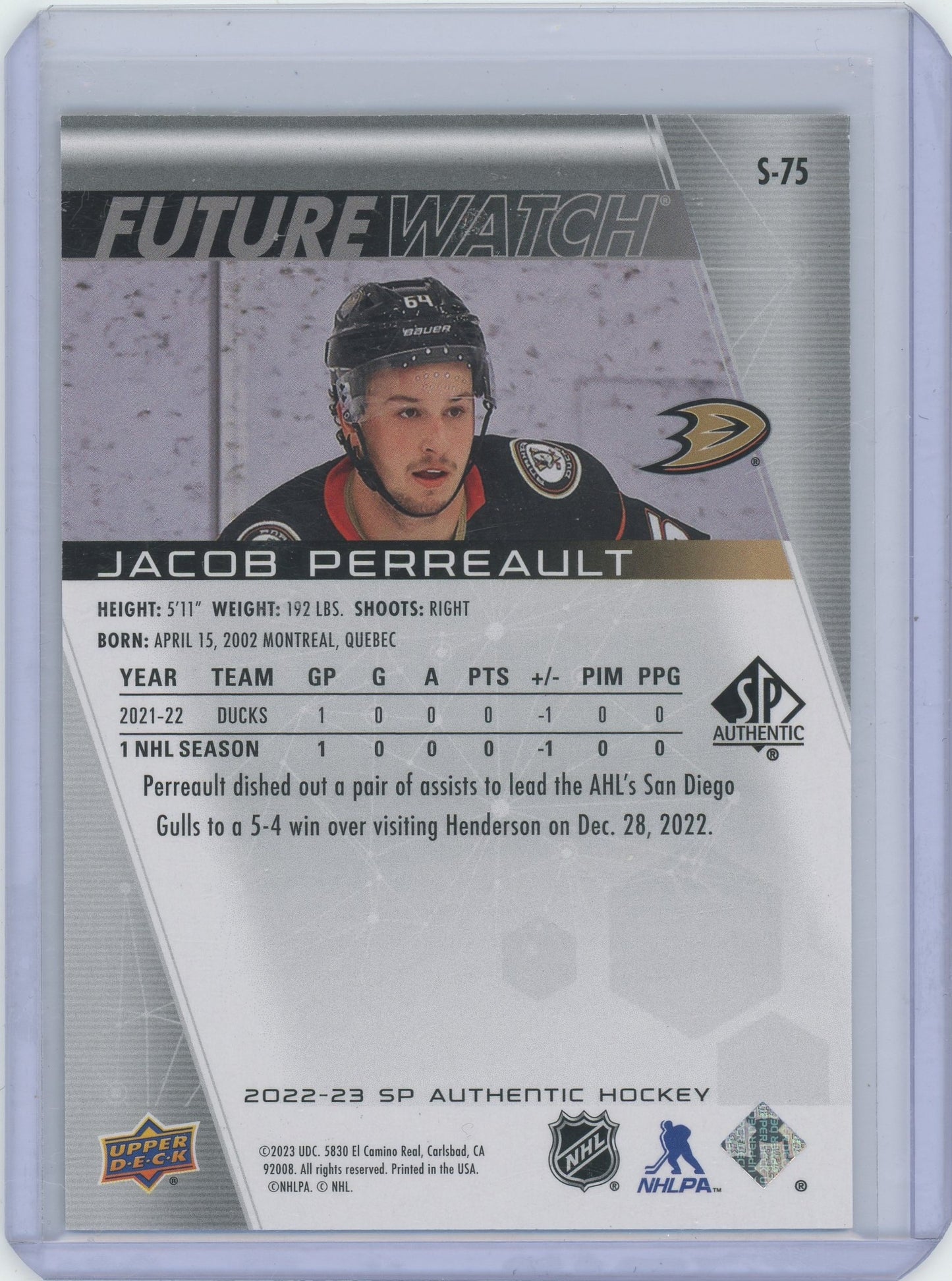 2022-23 SP Authentic Hockey Jacob Perreault #S-75 Future Watch Gold 24/50