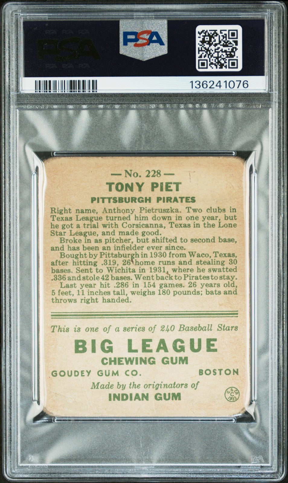 1933 GOUDEY - TONY PIET #228 - PSA 1