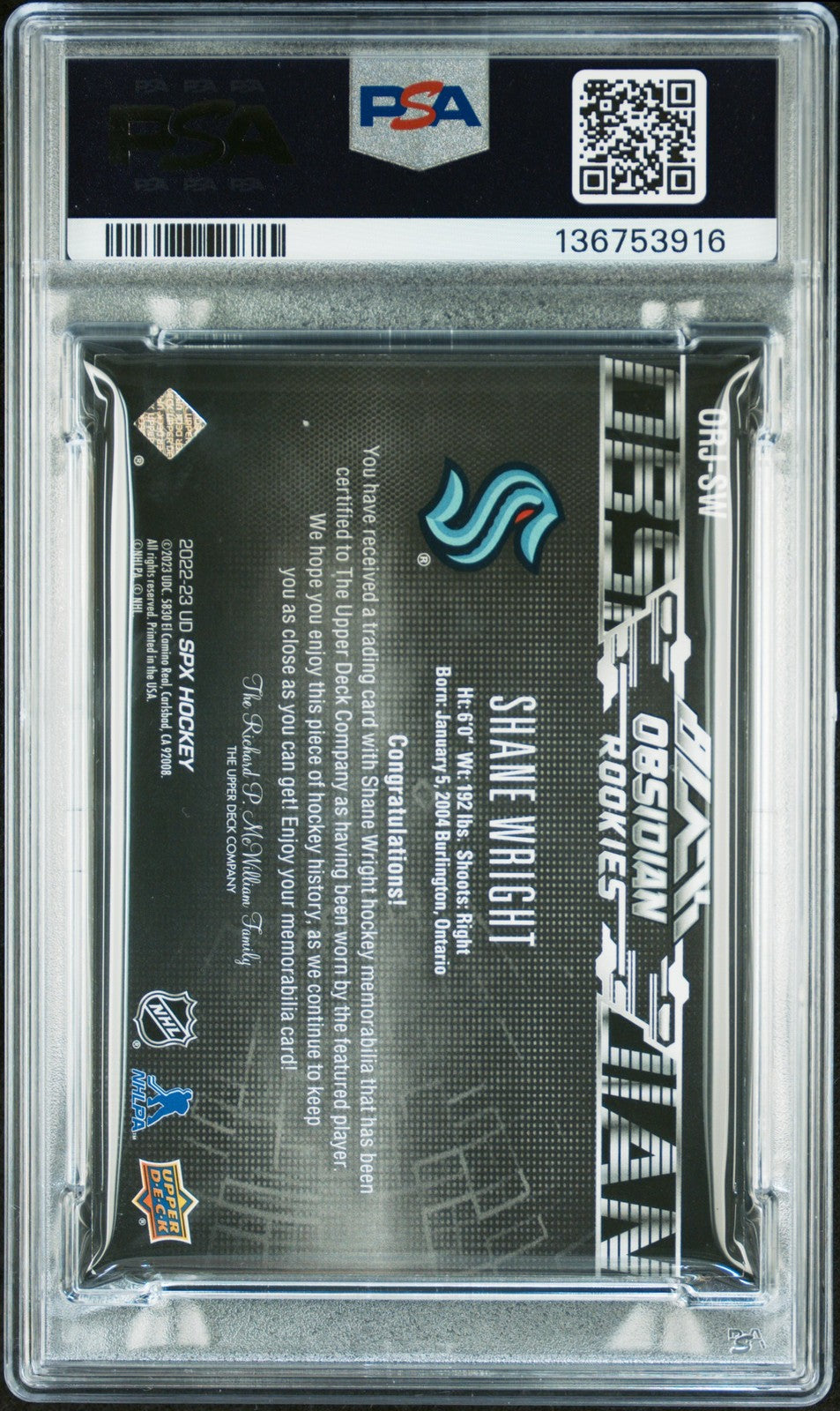 2022 SPx UD Hockey- Shane Wright - Black Obsidian Jersey /499 -ROOKIE - PSA /499