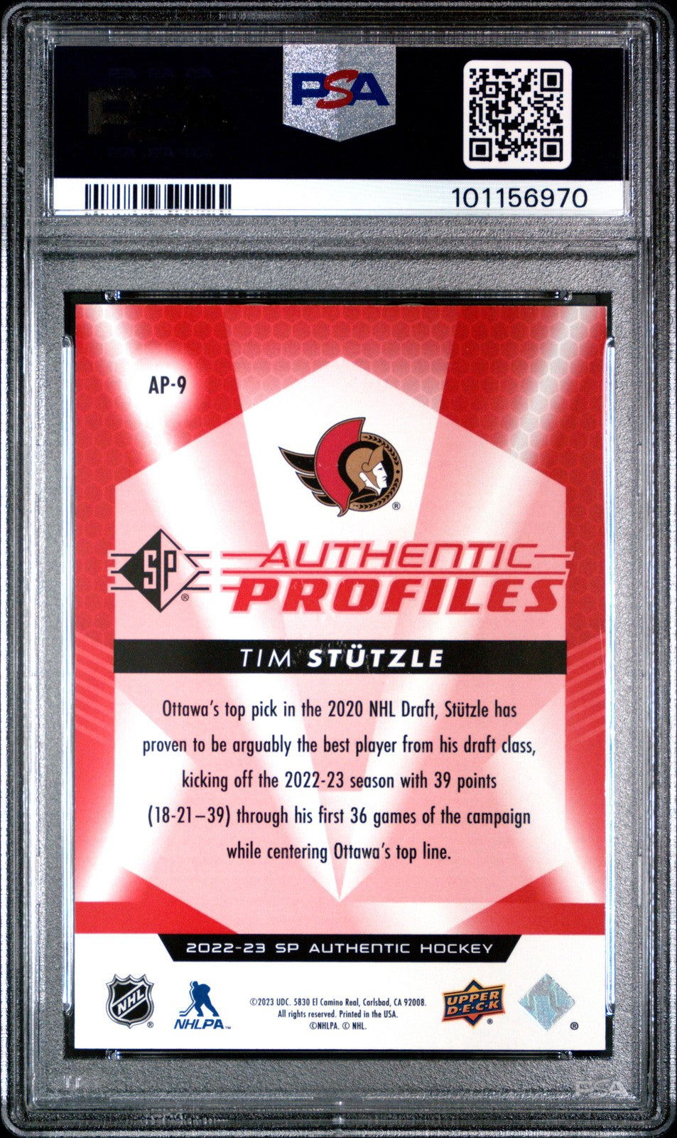2022 Upper Deck SP Hockey - Tim Stutzle AP9- AUTH PROFS - RED /149 - PSA - /149