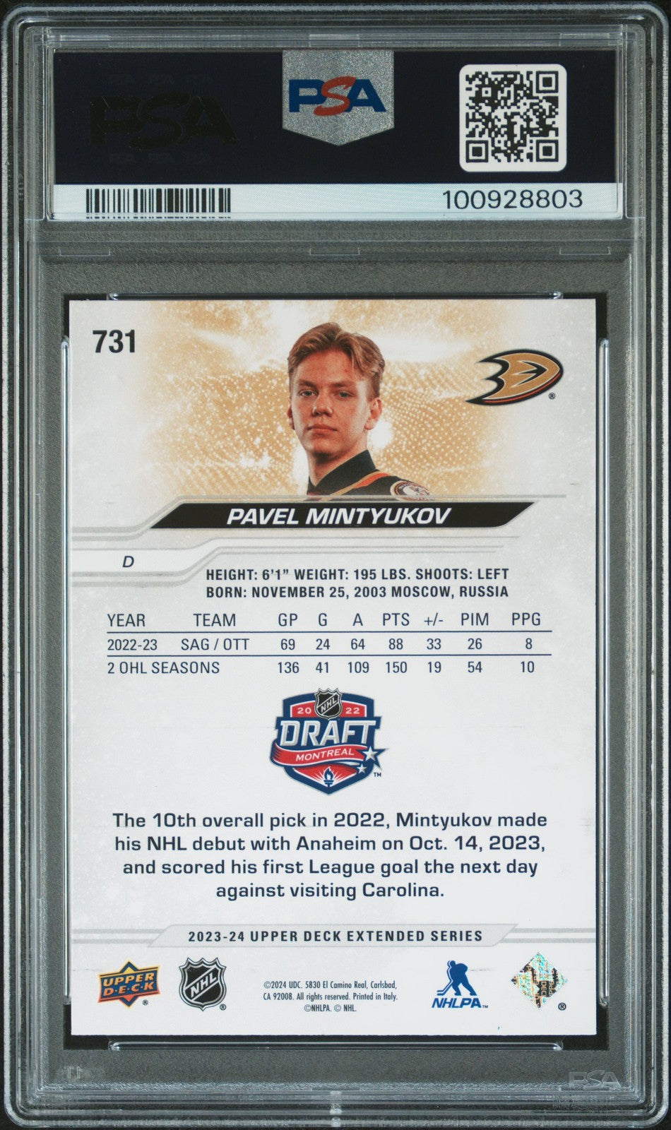 2023 Upper Deck Hockey - Pavel Mintyukov #731 - OUTBURST - PSA - Silver Outburst