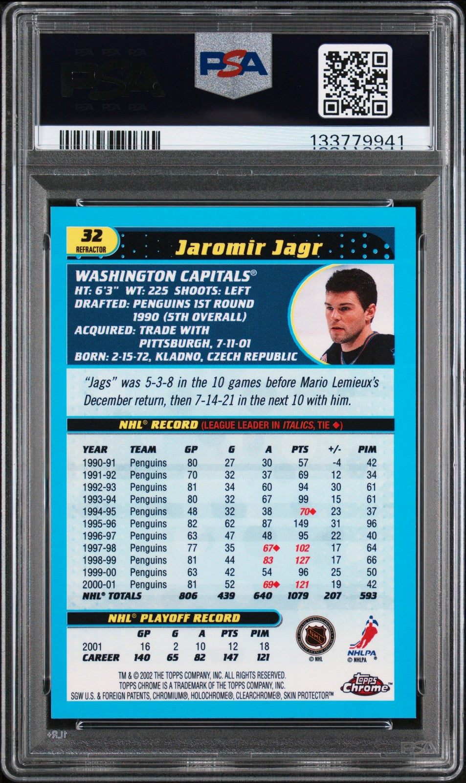 2001 Topps Chrome Hockey - Jaromir Jagr #32 - REFRACTOR - PSA 8