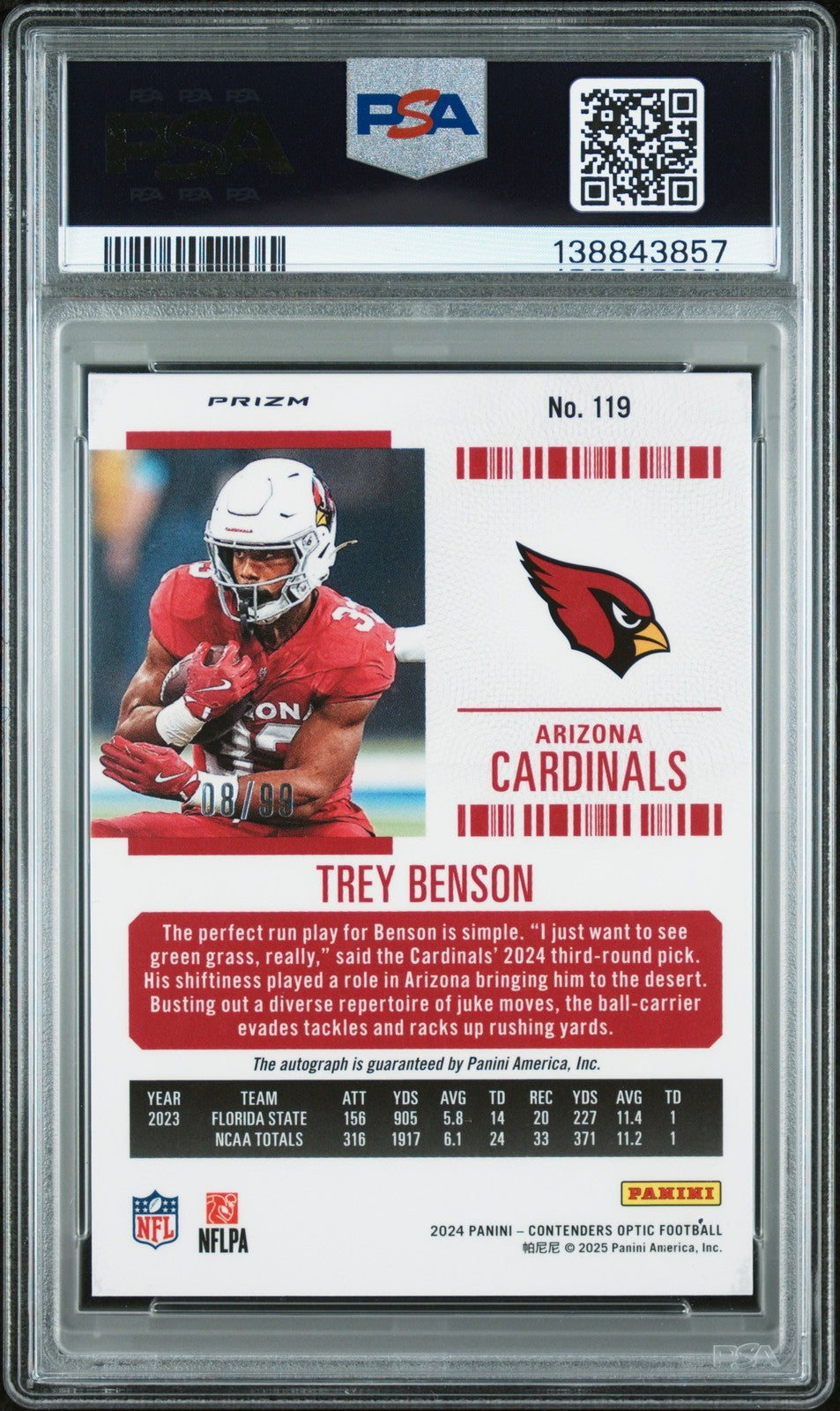 2024 Panini Contenders Optic - TREY BENSON #119 - ROOKIE AUTO TEAL - PSA - AUTO