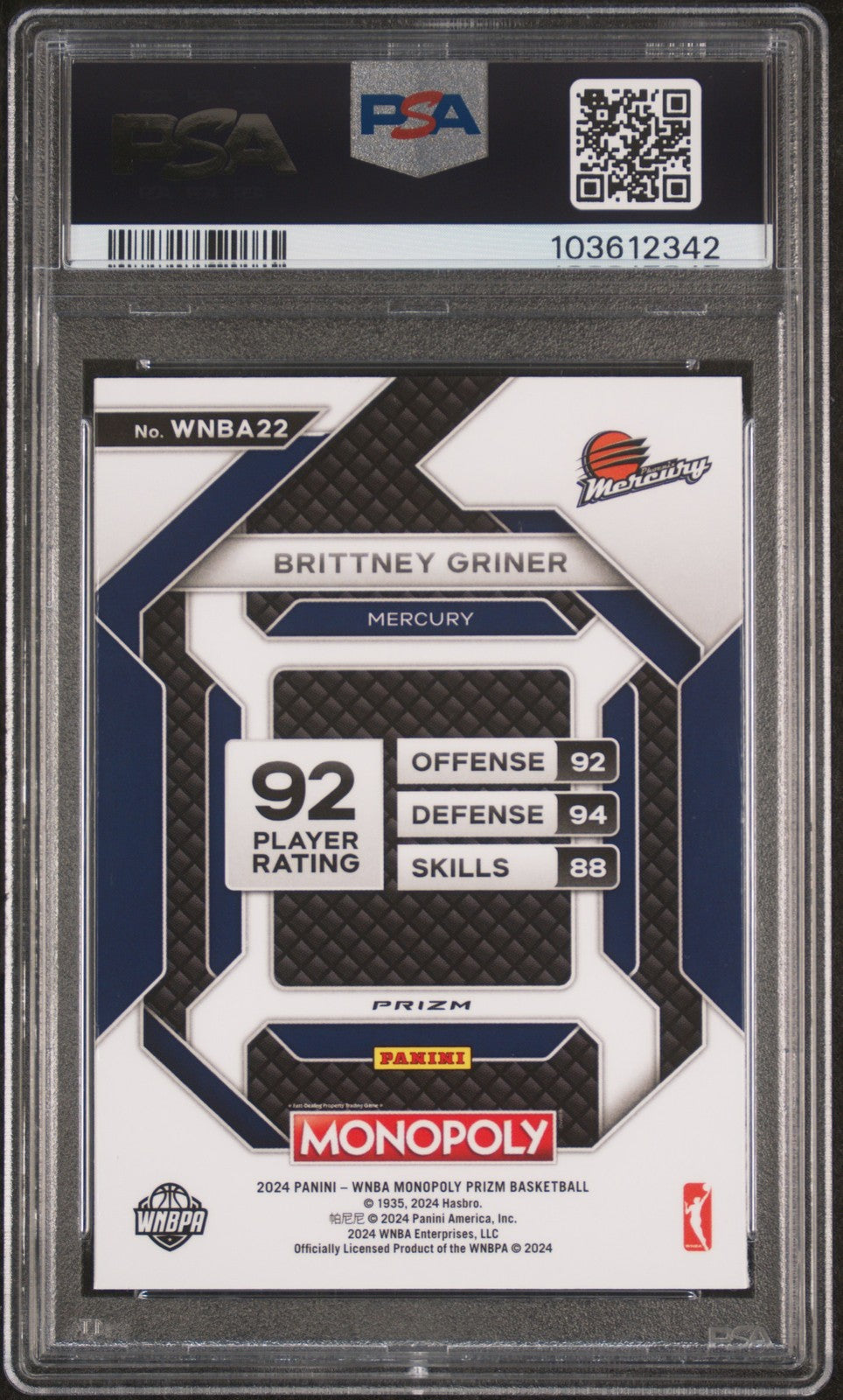 2024 Panini Prizm Monopoly WNBA - Brittney Griner #22 - RED CLASSIC ICON - PSA 9