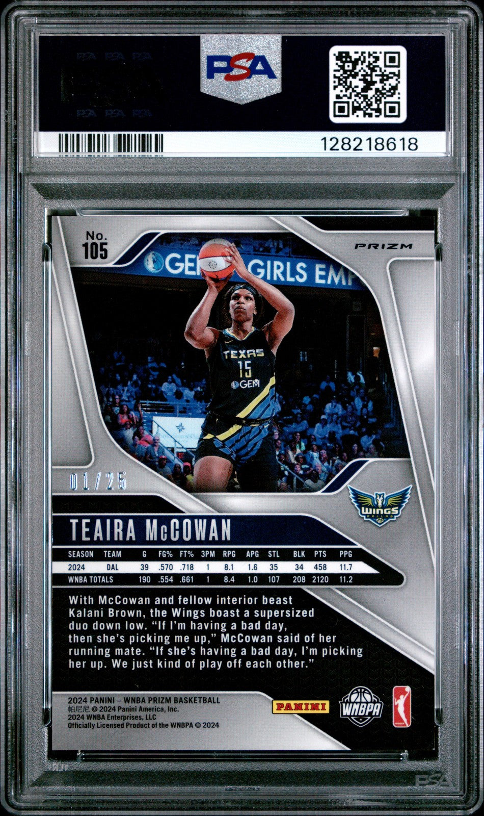 2024 Panini Prizm WNBA - TEAIRA McCOWAN #105 - MOJO PRIZM /25 - PSA 9 - Mojo /25