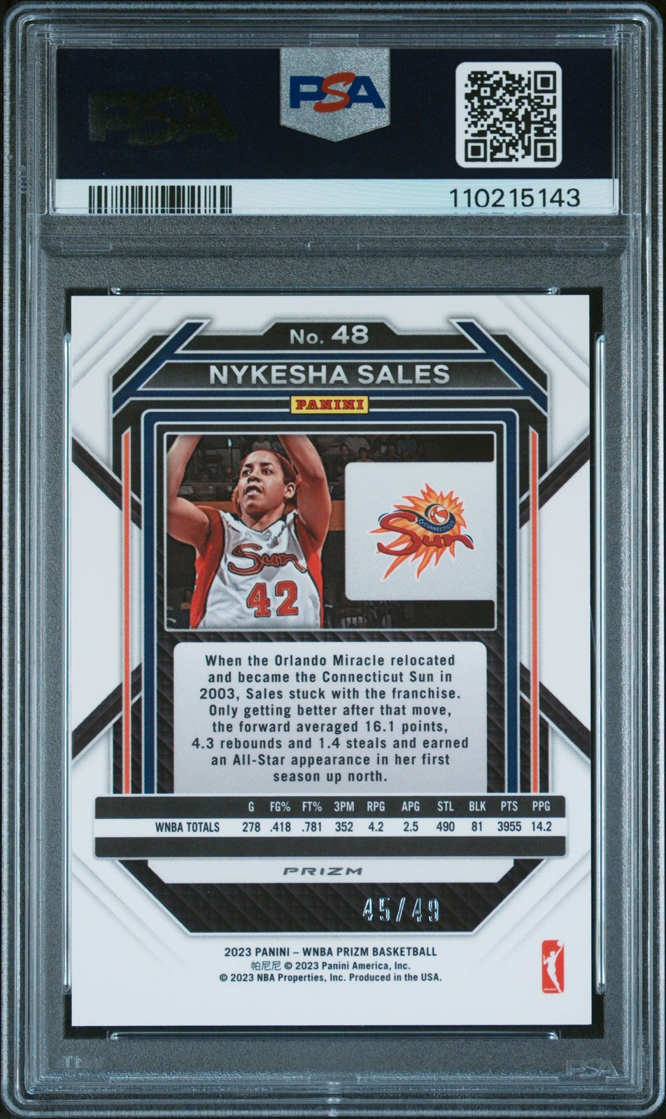 2023 Panini Prizm WNBA - NYKESHA SALES #48 - Teal Prizm /49 - PSA - /49
