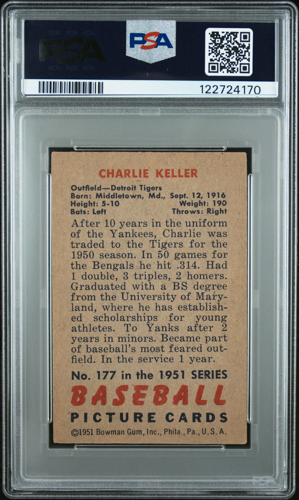 1951 Bowman Baseball MLB - CHARLIE KELLER #177 - PSA 4