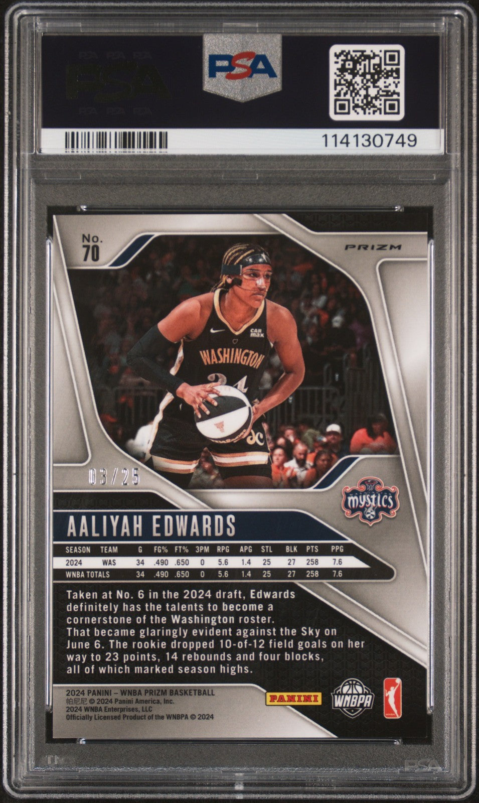 2024 Panini Prizm WNBA- AALIYAH EDWARDS #70 - Mojo Prizm /25 - PSA - ROOKIE /25