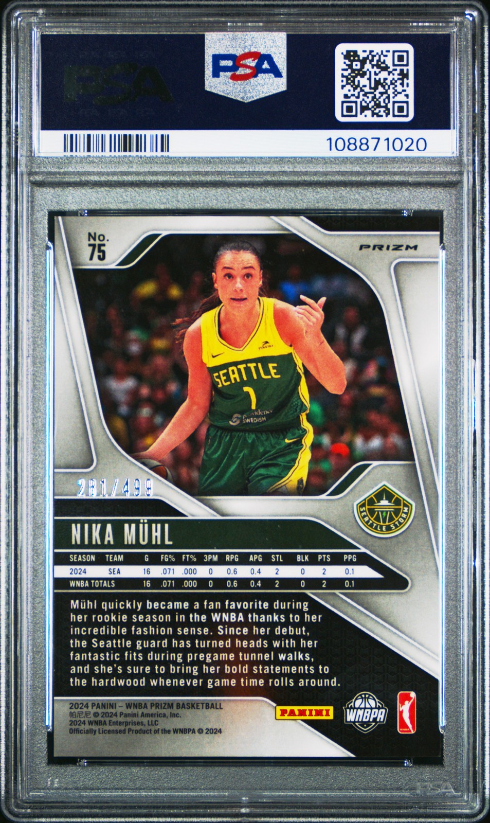 2024 Panini Prizm WNBA - NIKA MUHL #75 - PULSAR ROOKIE /499 - PSA - /499 ROOKIE