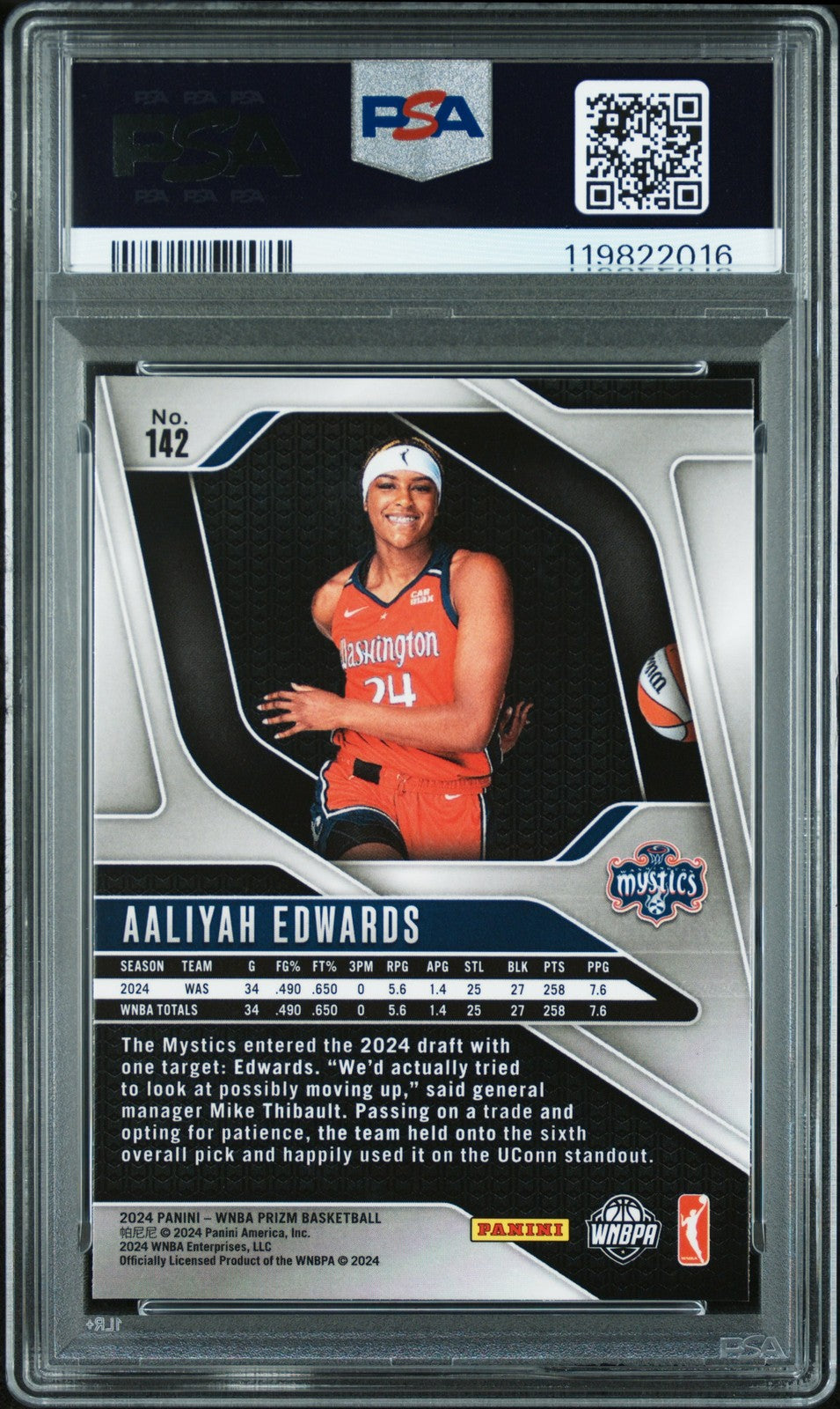 2024 Panini Prizm WNBA - AALIYAH EDWARDS #142 b - Rookie - PSA 8 - ROOKIE