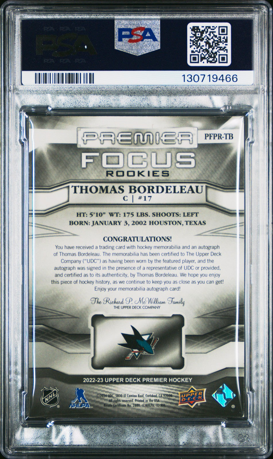 2022 UD Premier Hockey - THOMAS BORDELEAU - Rookie Patch Auto /125 - PSA - /125