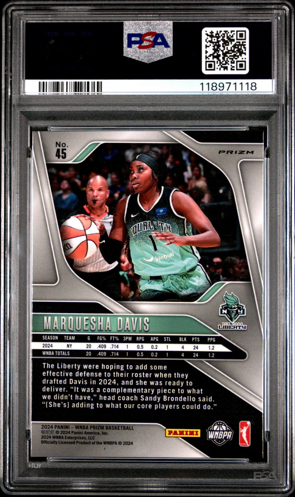 2024 Panini Prizm WNBA -MARQUESHA DAVIS #45 - Silver Prizm Rookie - PSA - ROOKIE