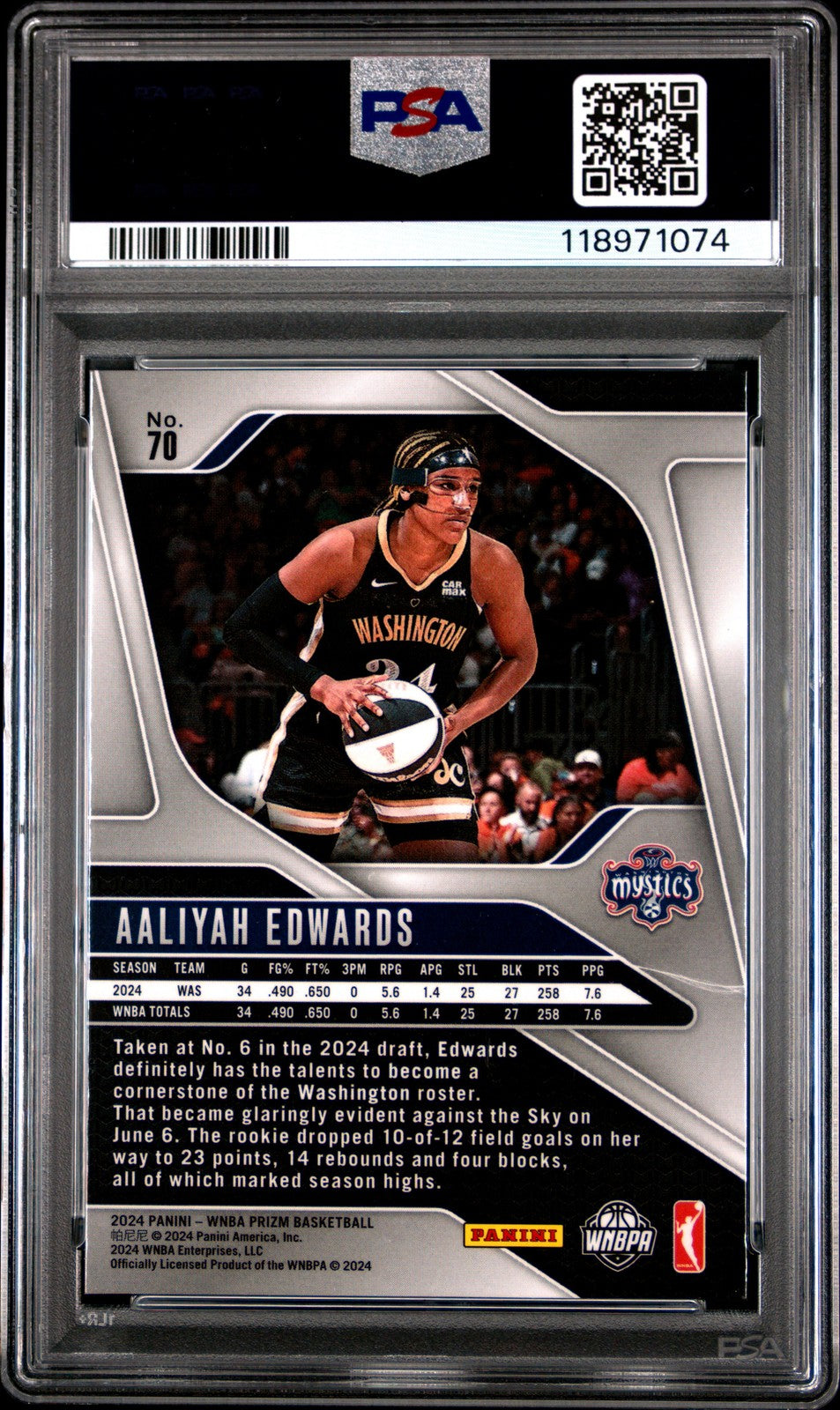 2024 Panini Prizm WNBA- AALIYAH EDWARDS #70 a - Rookie - PSA 9 - ROOKIE