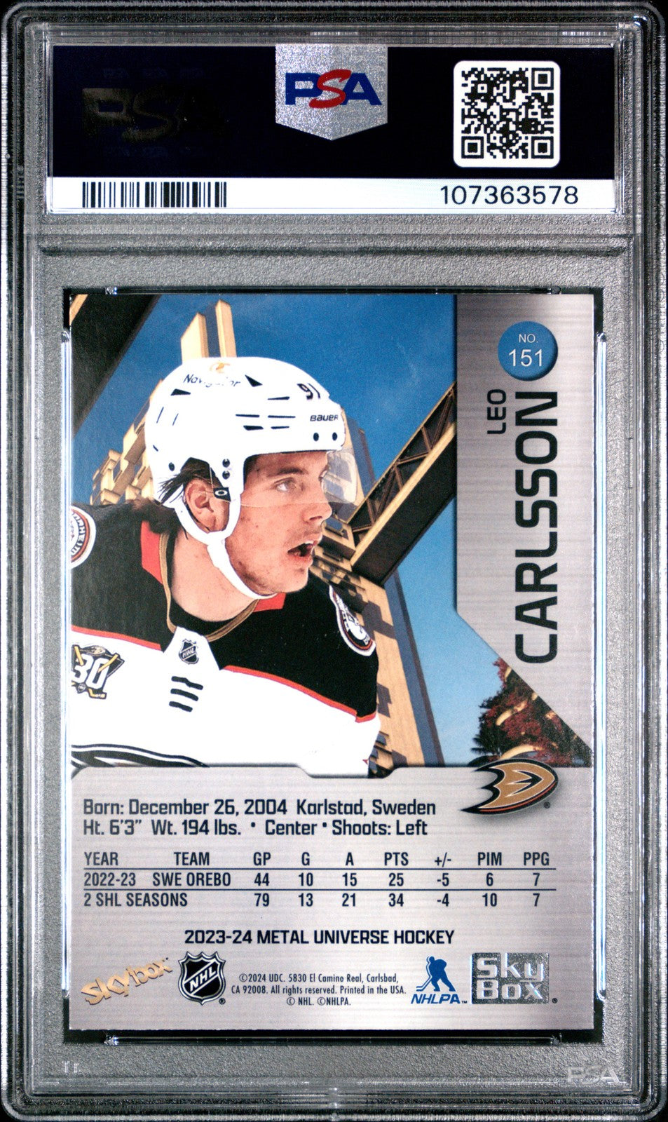 2023 Skybox Metal Universe Hockey NHL- Leo Carlsson #151 - ROOKIE - PSA - ROOKIE