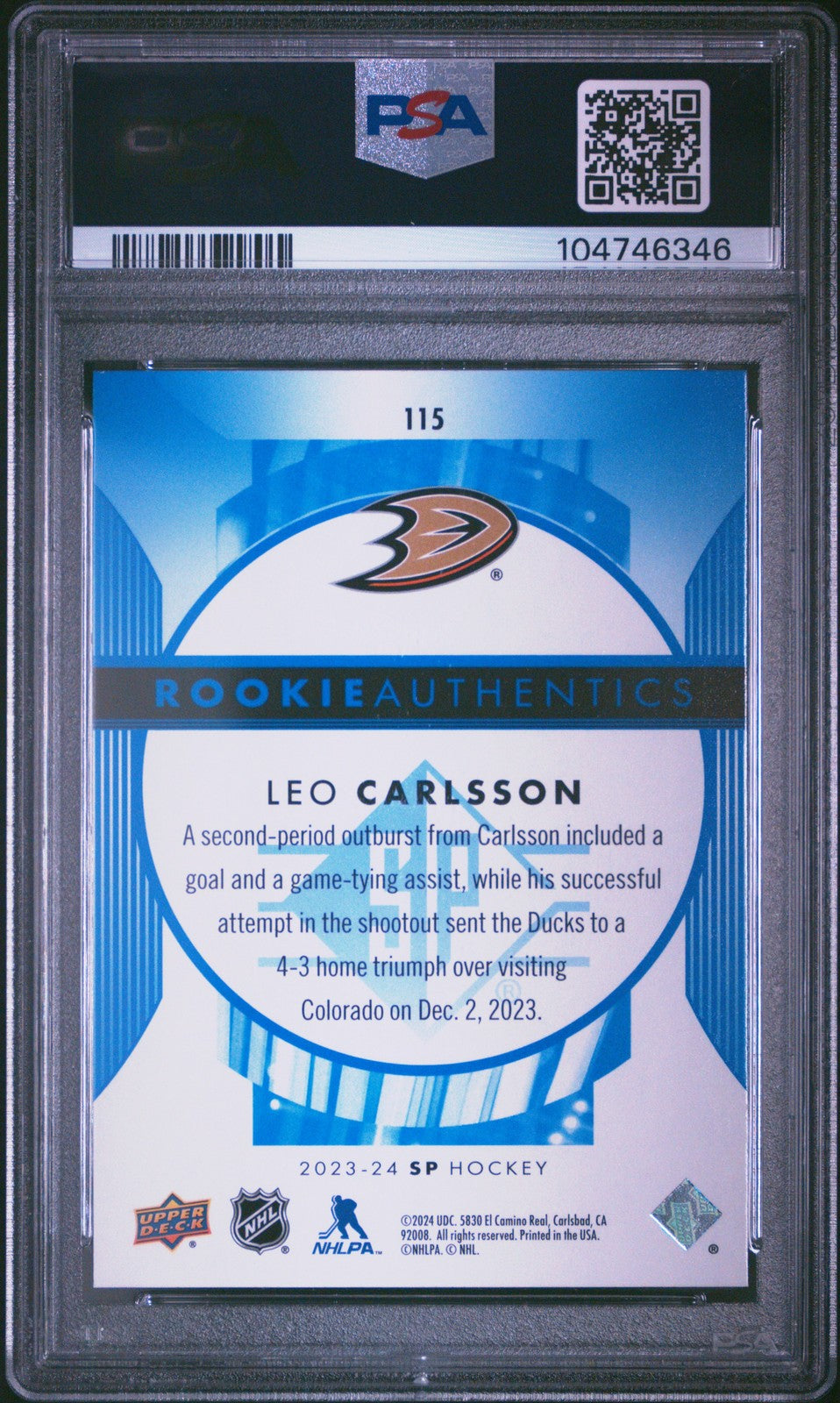 2023 Upper Deck SP Hockey NHL - LEO CARLSSON #115 - ROOKIE - BLUE - PSA - ROOKIE