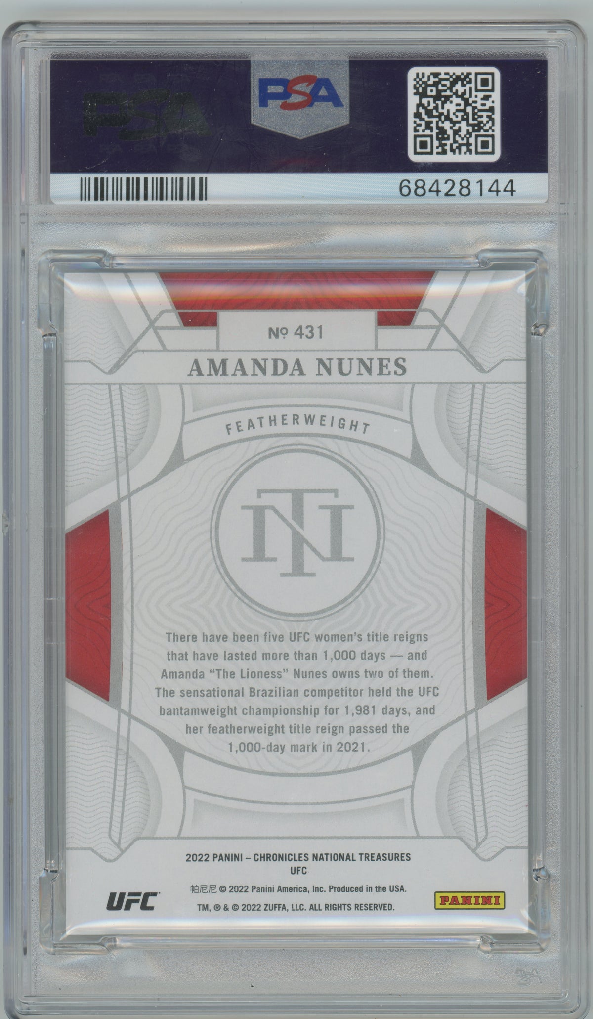 2022 Chronicles UFC - Amanda Nunes - NATIONAL TREASURES /10 - Gold /10 - PSA 9