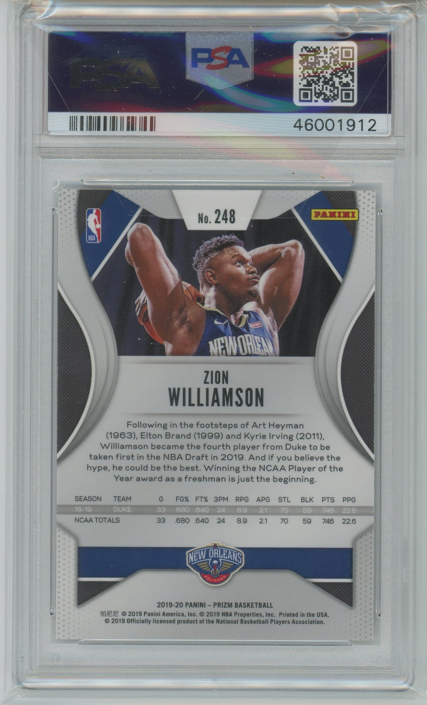 2019 Panini Prizm Zion Williamson #248 ROOKIE PSA 10