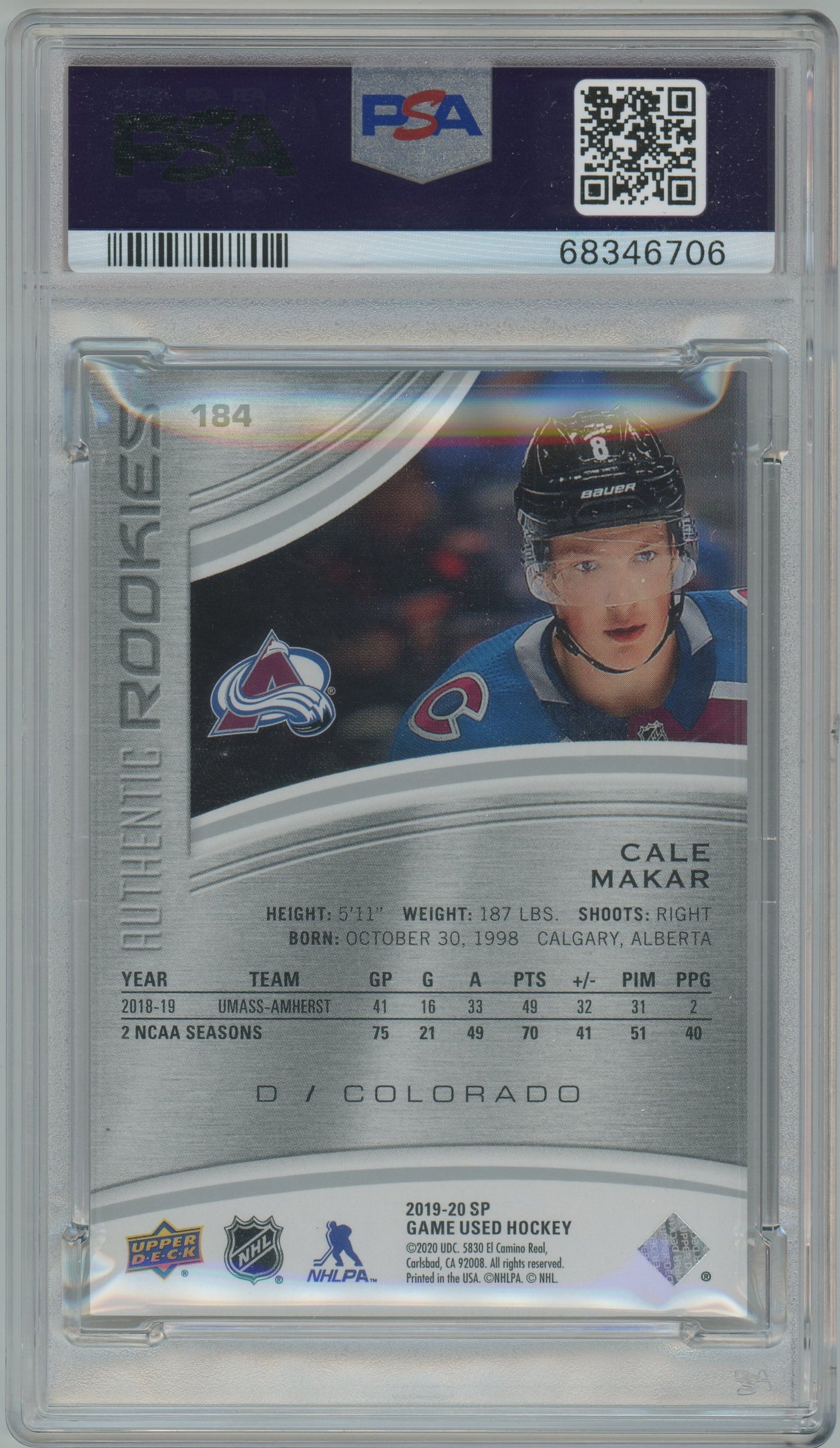 2019 SP Game Used Cale Makar #184 Rainbow -/298 PSA 8 - /298