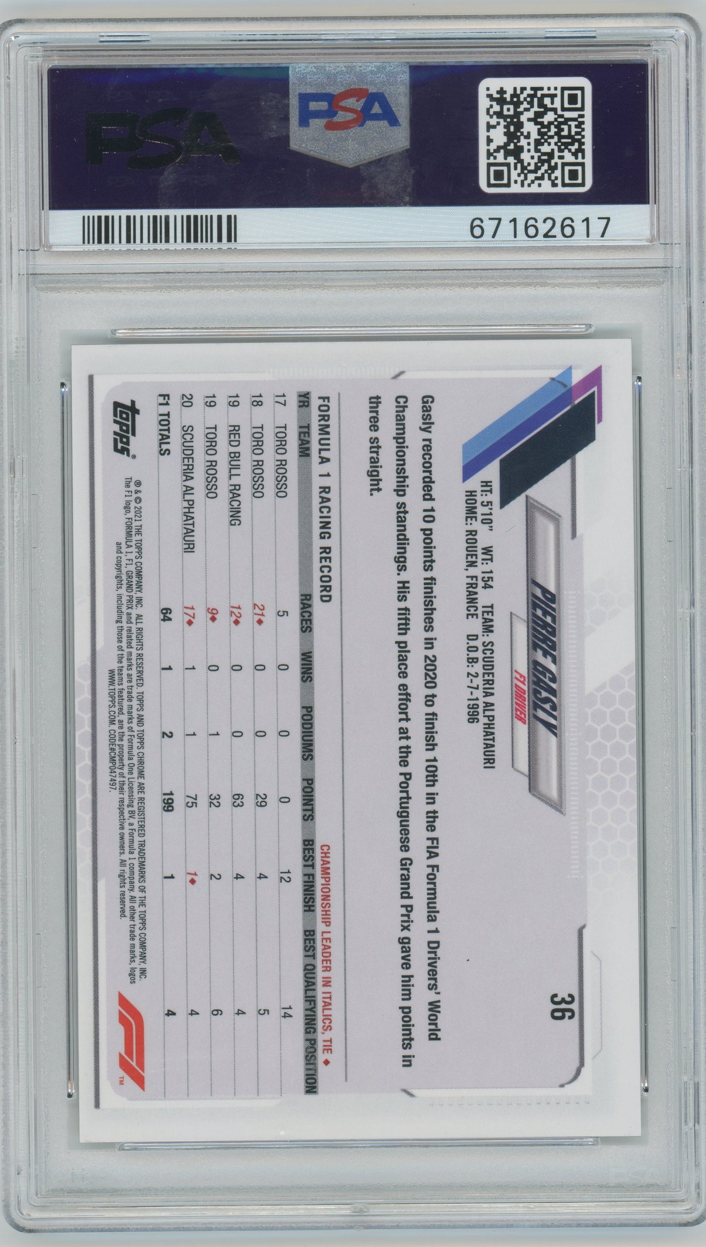 2021 Topps Chrome Formula 1 Pierre Gasly #36 PSA 9