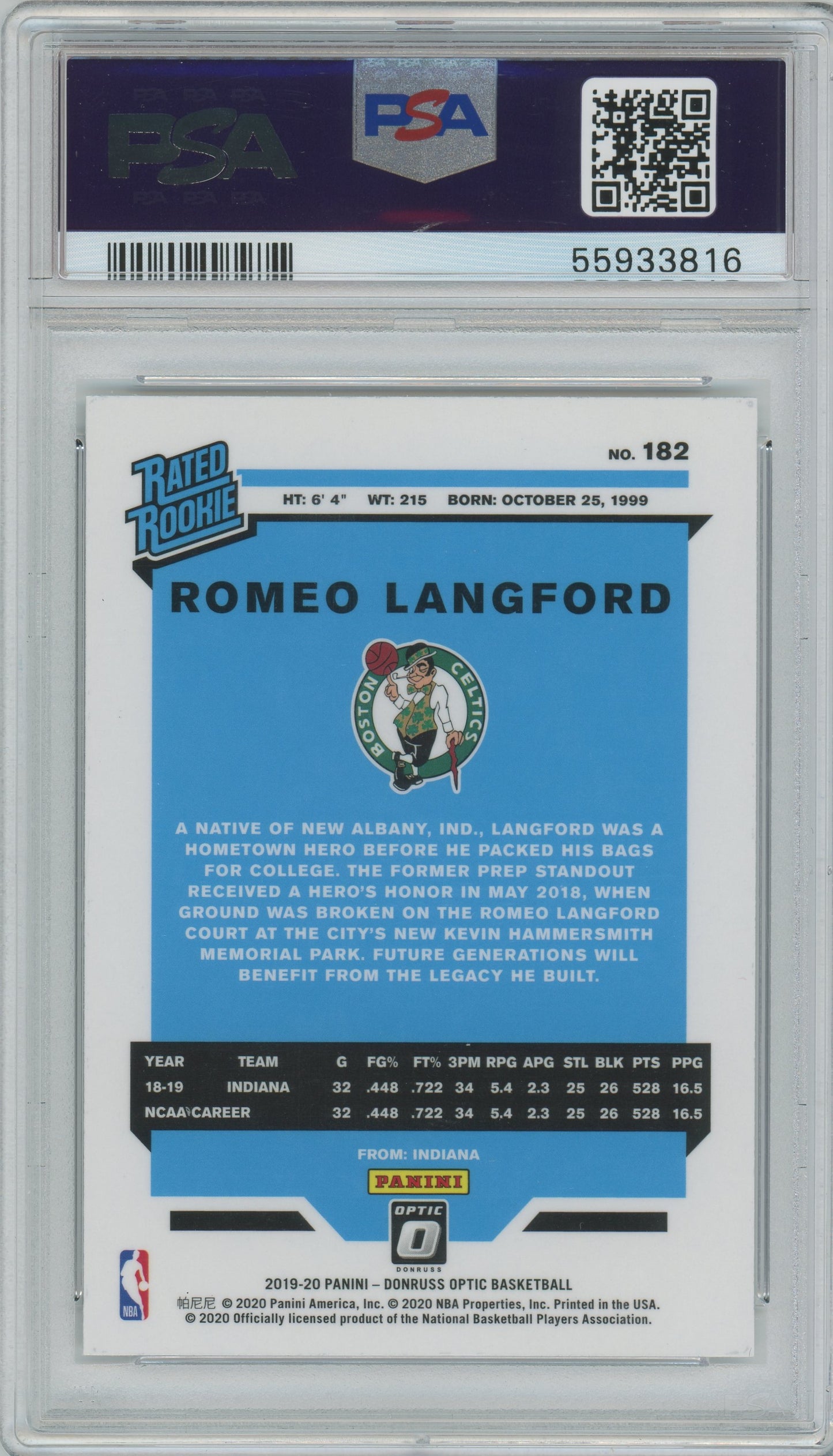 2019 Panini Donruss Optic Romeo Langford ROOKIE #182 PSA 10