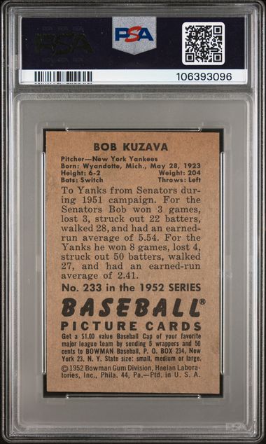 1952 Bowman Baseball - Bob Kuzava #233 - New York Yankees - PSA 5
