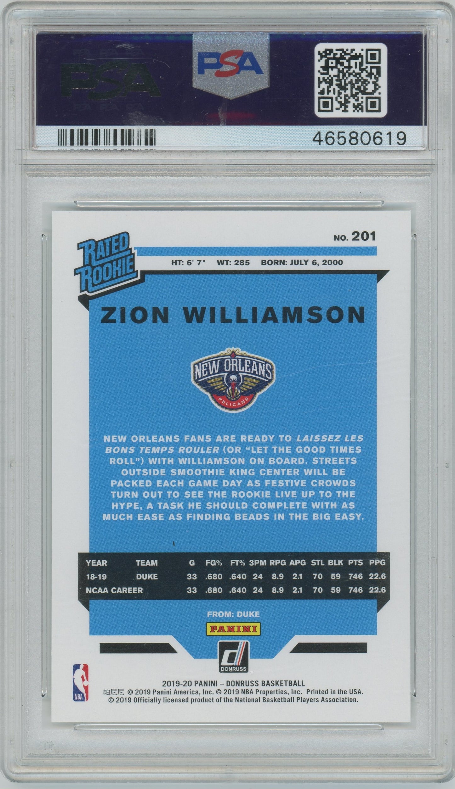 2019 Panini Donruss Zion Williamson ROOKIE #201 PSA 10