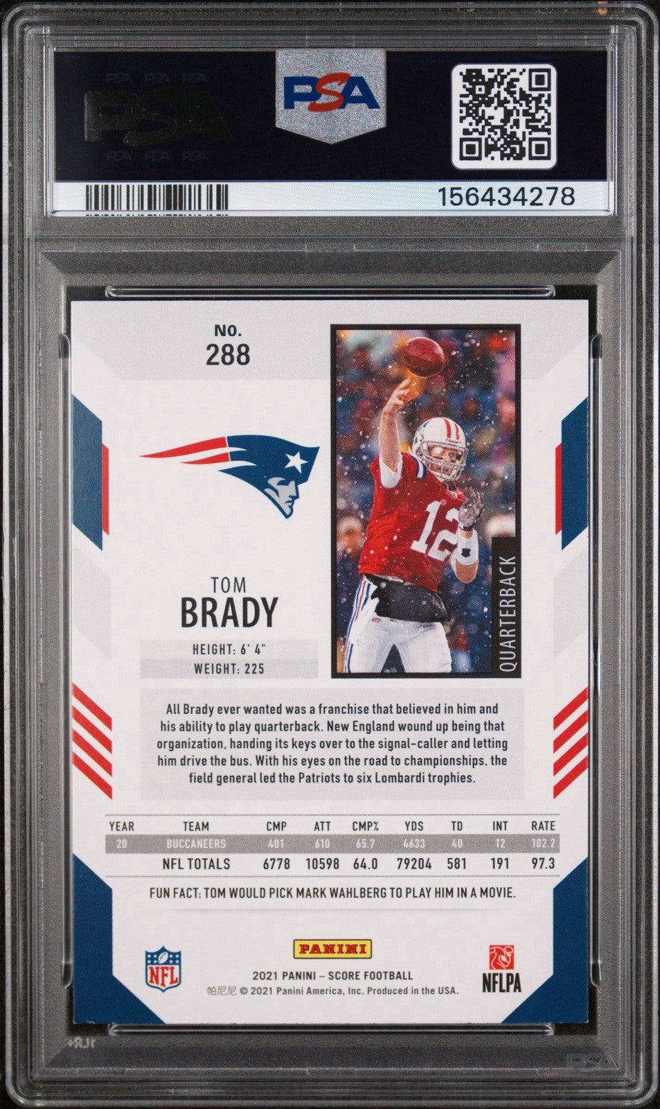 2021 Score - Tom Brady - Red Parallel - New England Patriots Color Match - PSA
