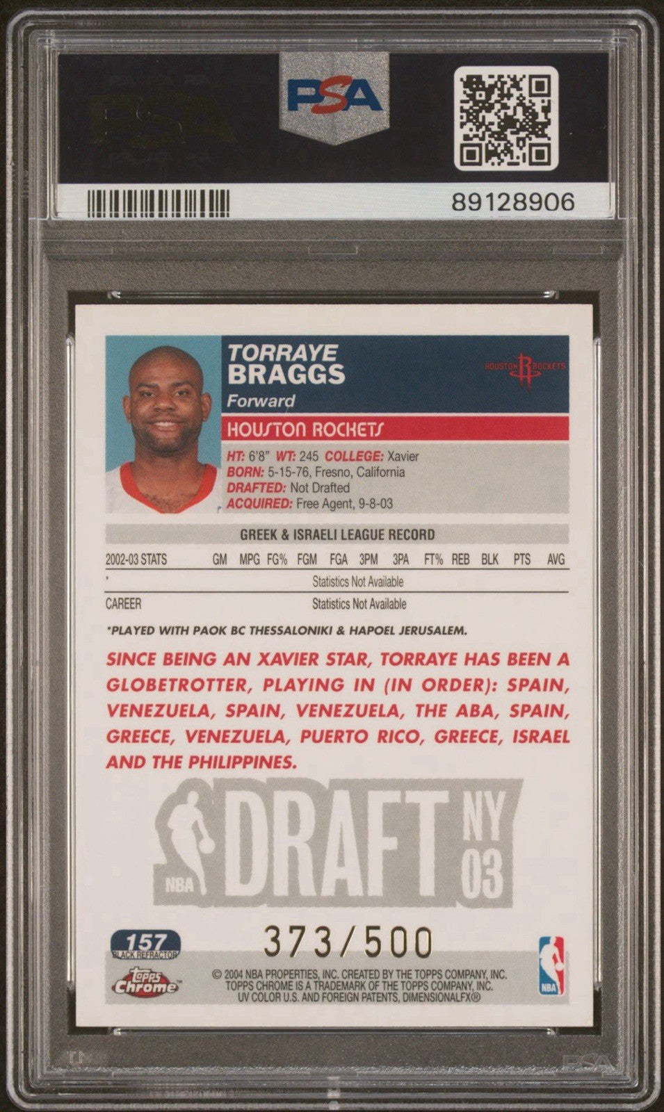 2003 Topps Chrome - Torraye Braggs - ROOKIE - Black Refractor /500 - PSA - /500