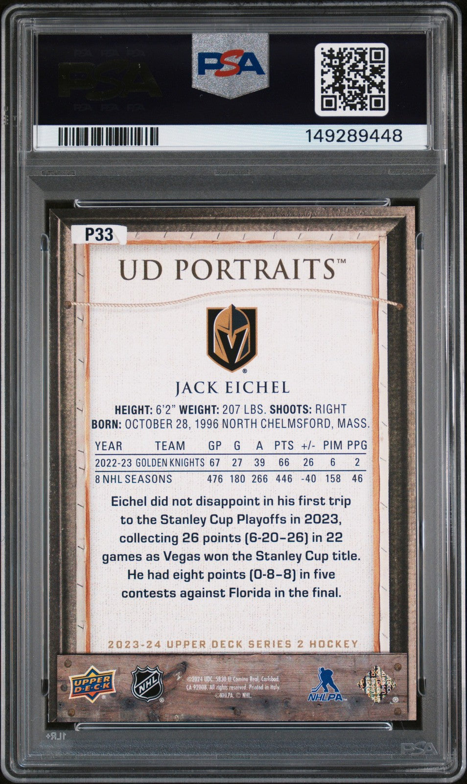 2023 Upper Deck - Jack Eichel #P33 - UD PORTRAITS - Vegas Golden Knights - PSA