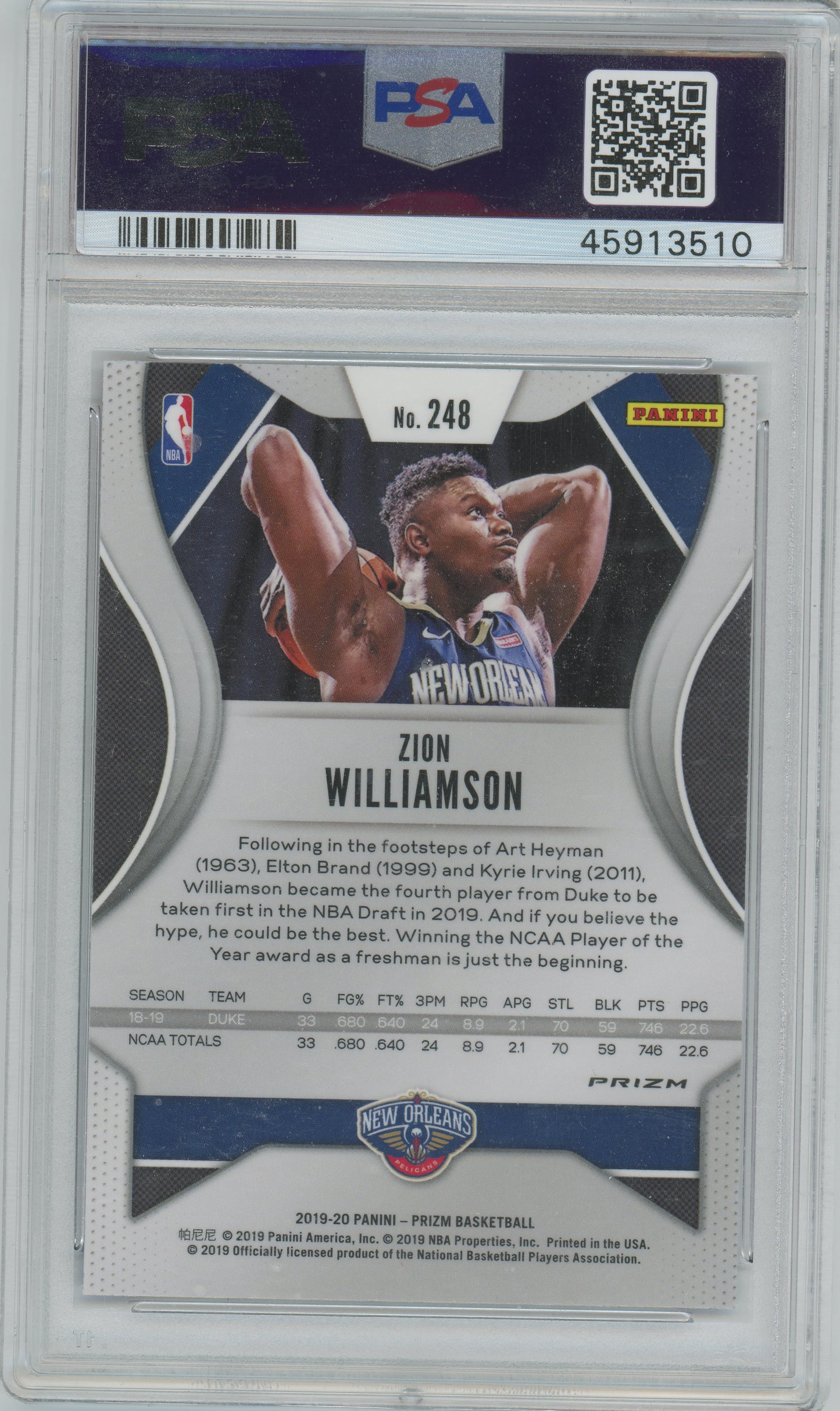 2019 Panini Prizm - Zion Williamson #248 - ROOKIE - Red/White/Blue Prizm - PSA 9