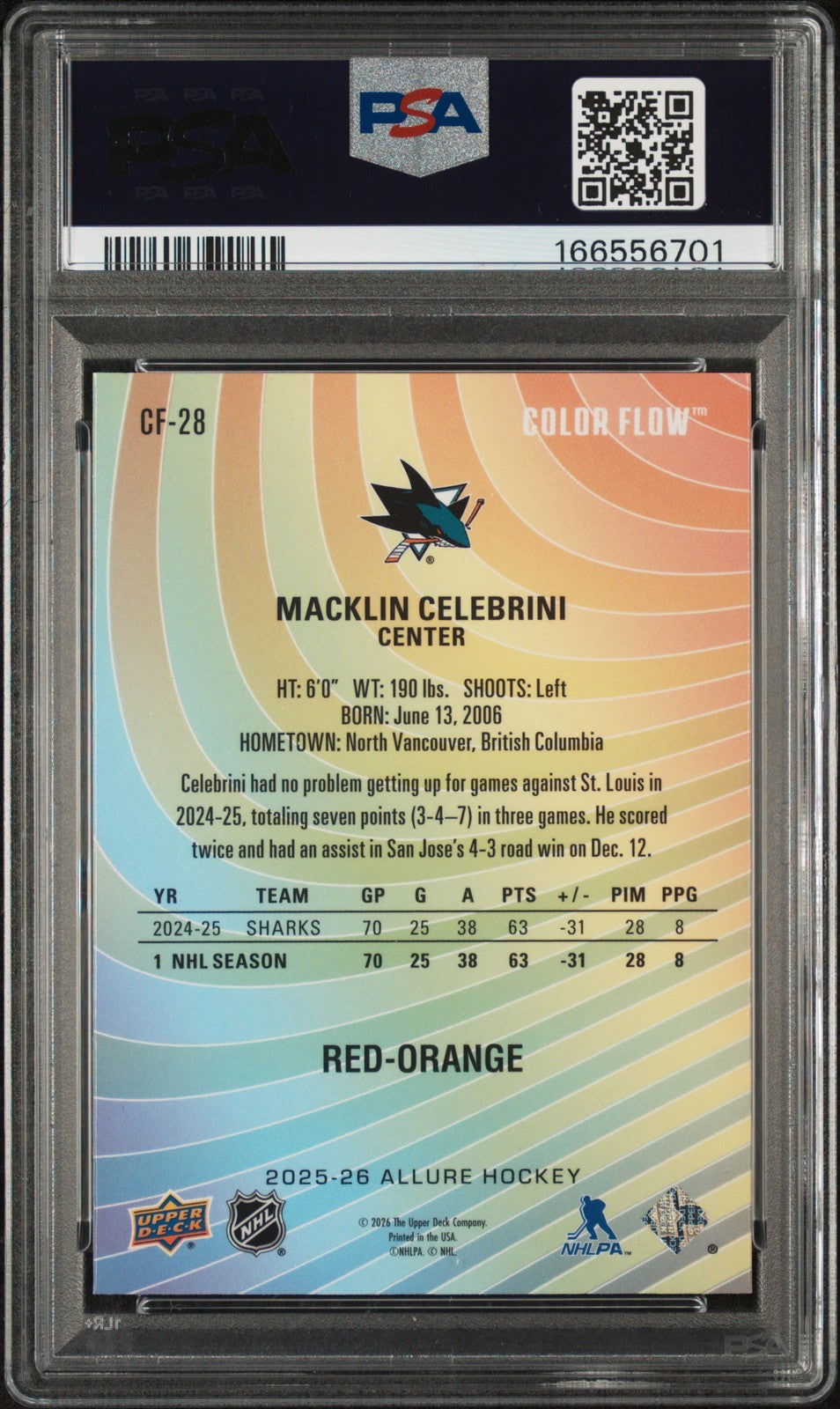2025 Upper Deck Allure - Macklin Celebrini #CF-28 - Color Flow Red-Orange - PSA