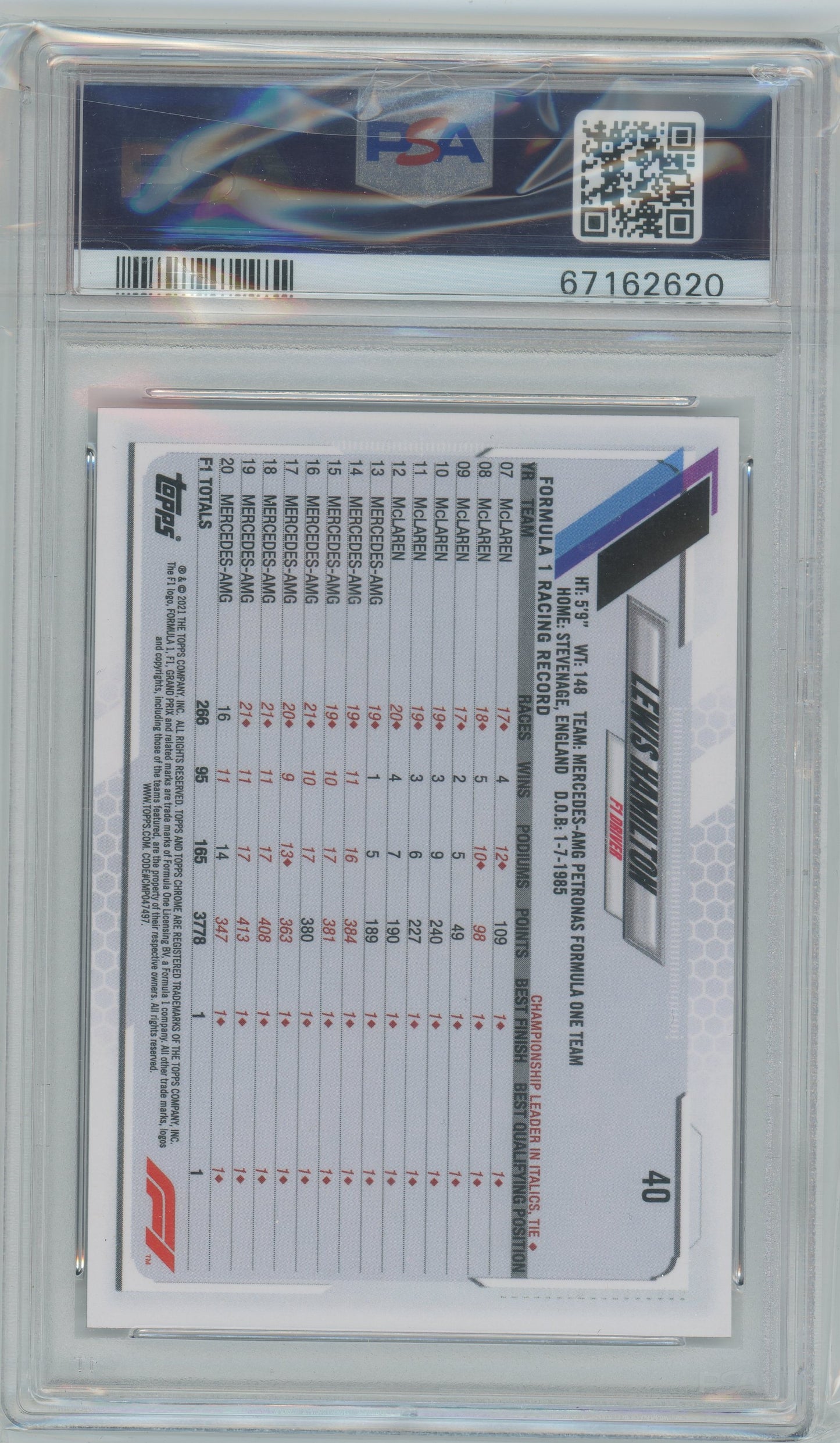 2021 Topps Chrome Formula 1 Lewis Hamilton #40 PSA 9