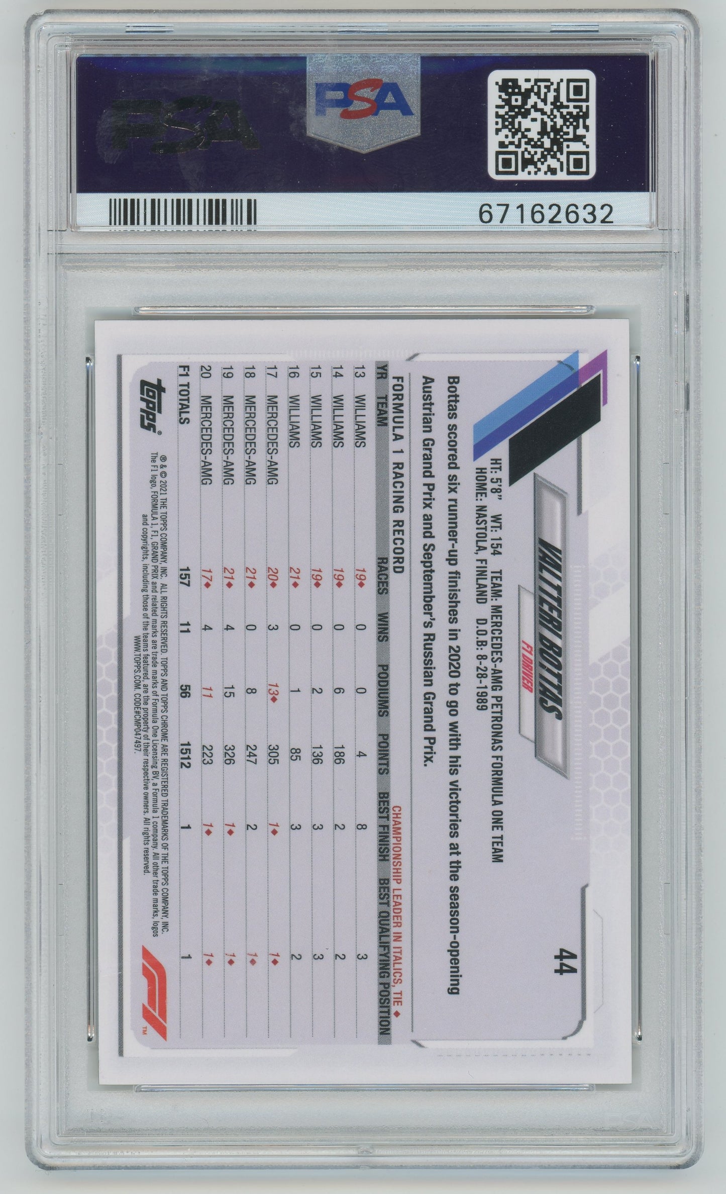 2021 Topps Chrome Formula 1 Valtteri Bottas #44 PSA 10