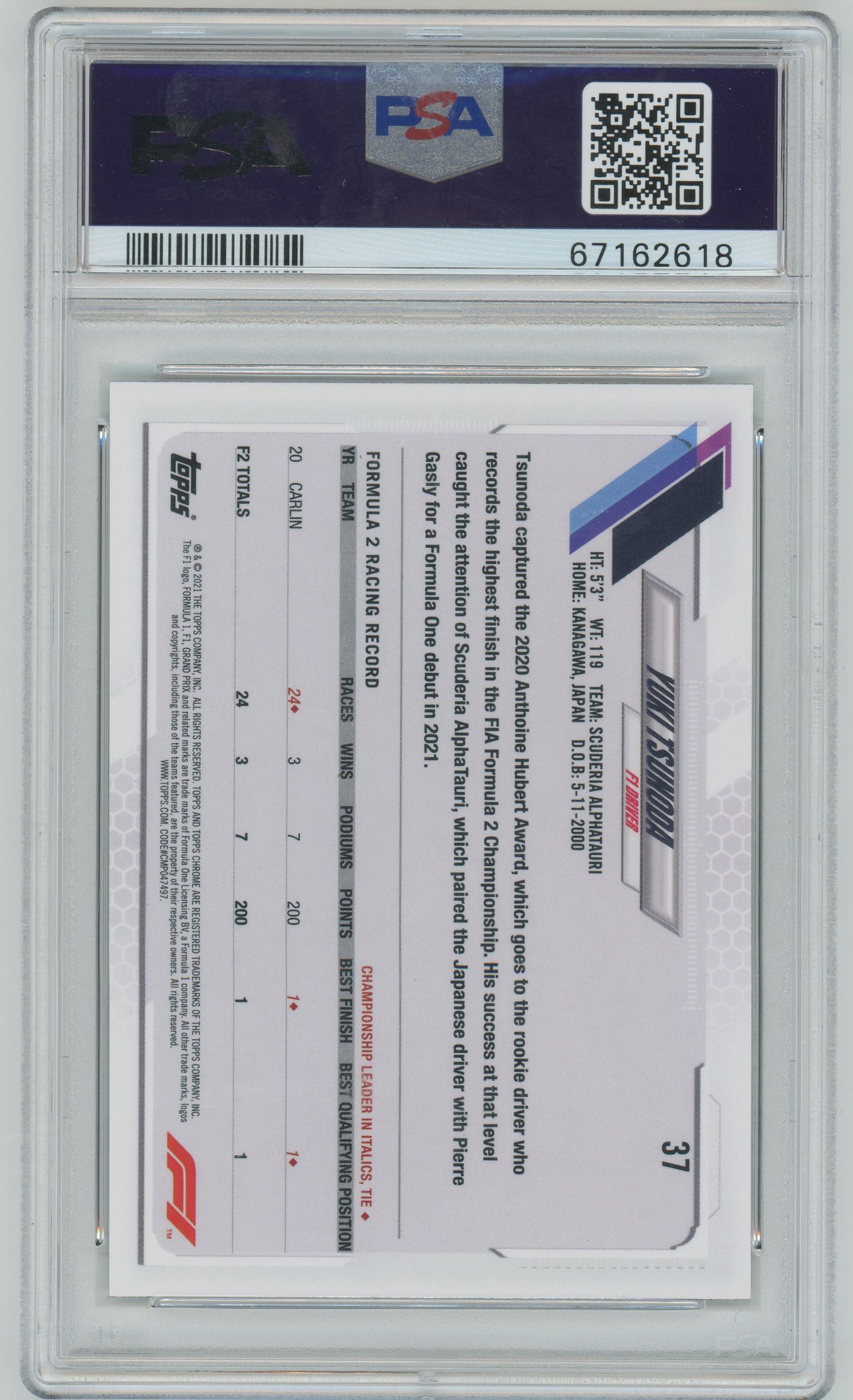 2021 Topps Chrome Formula 1 Yuki Tsunoda #37 PSA 9