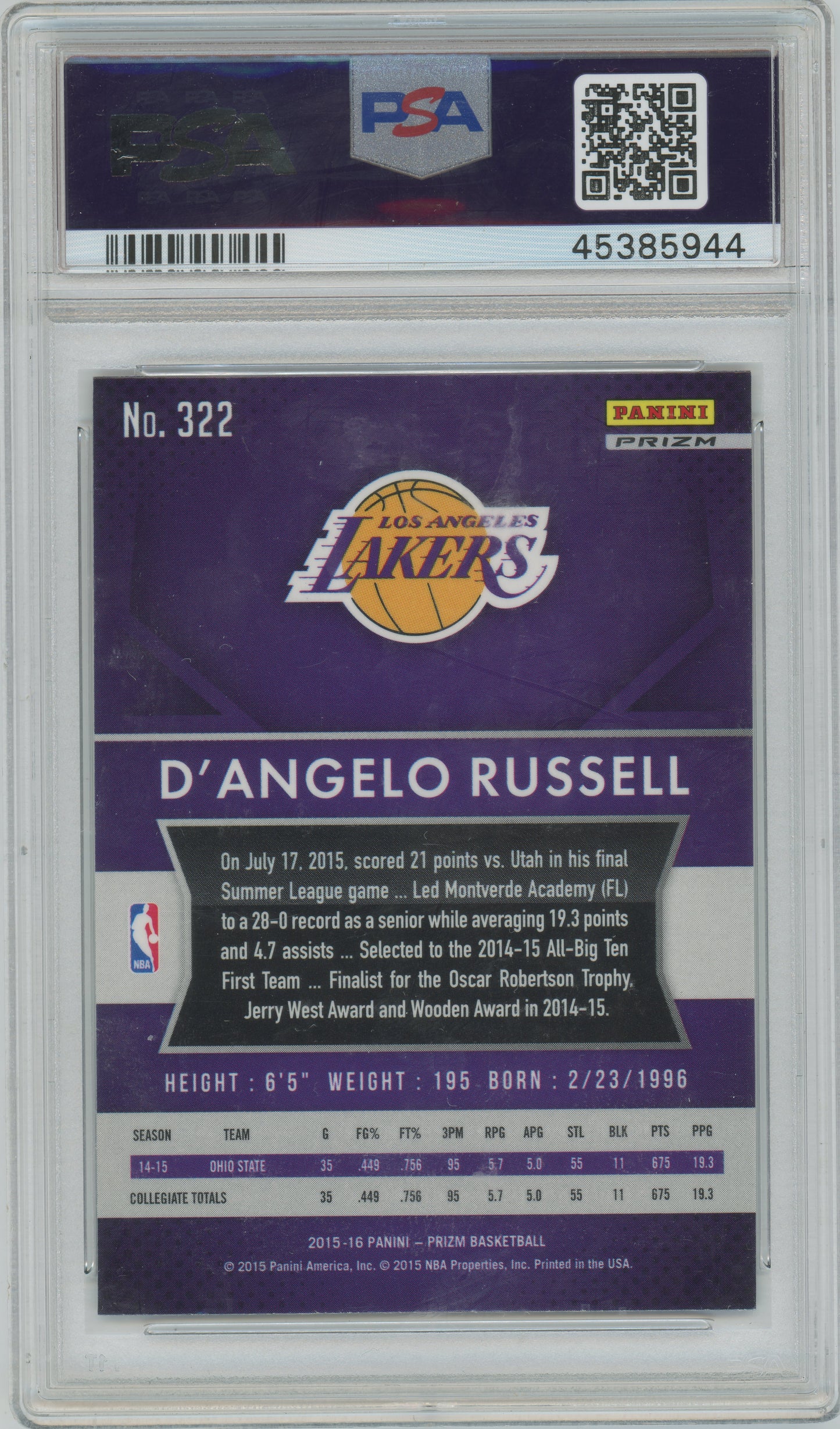 2015 Panini Prizm - D'angelo Russell #322- ROOKIE - Red White Blue Prism - PSA 9