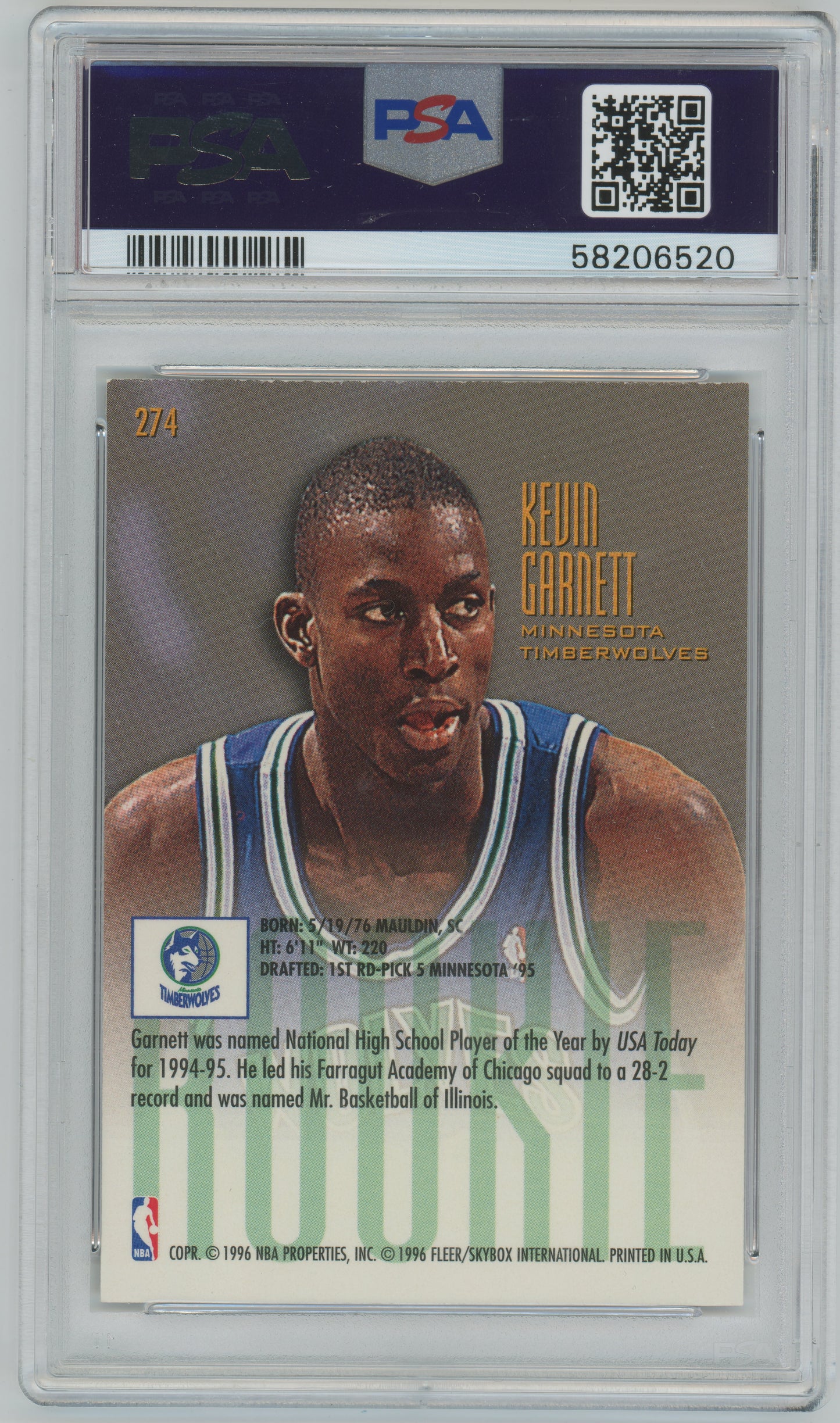 1995 Ultra #274 - Kevin Garnett - Timberwolves ROOKIE HOF - PSA