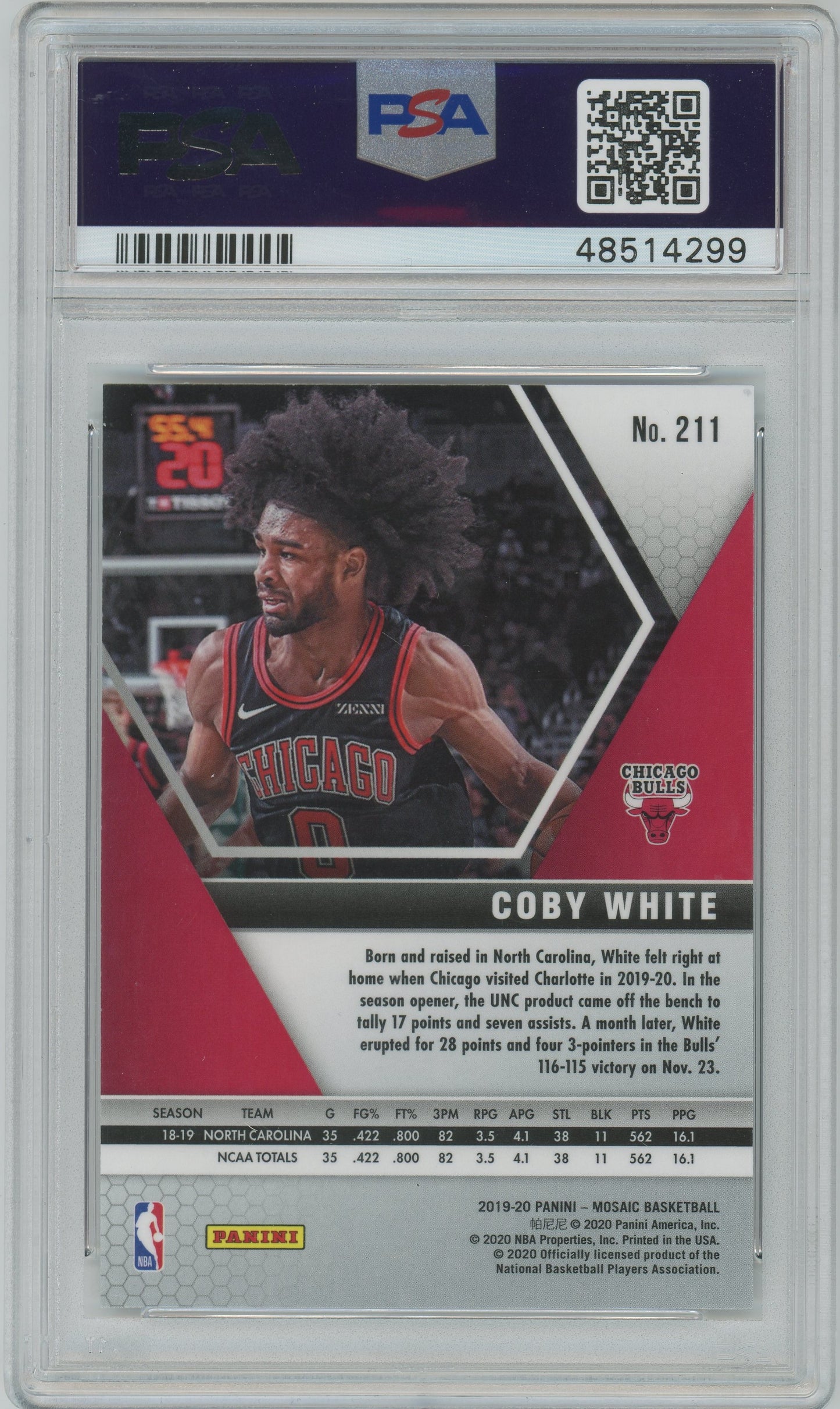 2019 Panini Mosaic Coby White ROOKIE #211 PSA 9