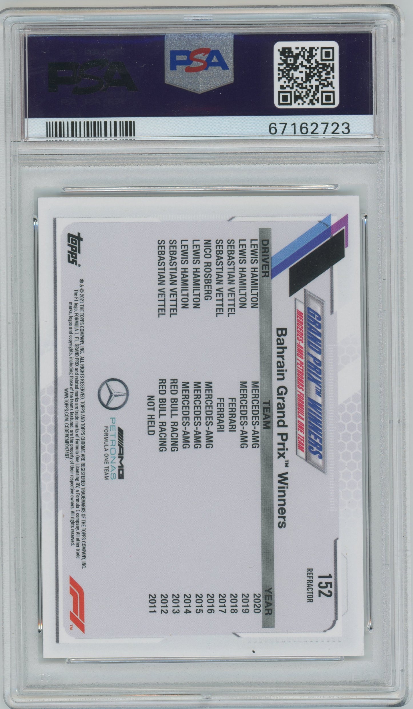 2021 Topps Chrome Formula 1 Lewis Hamilton #152 PSA 10