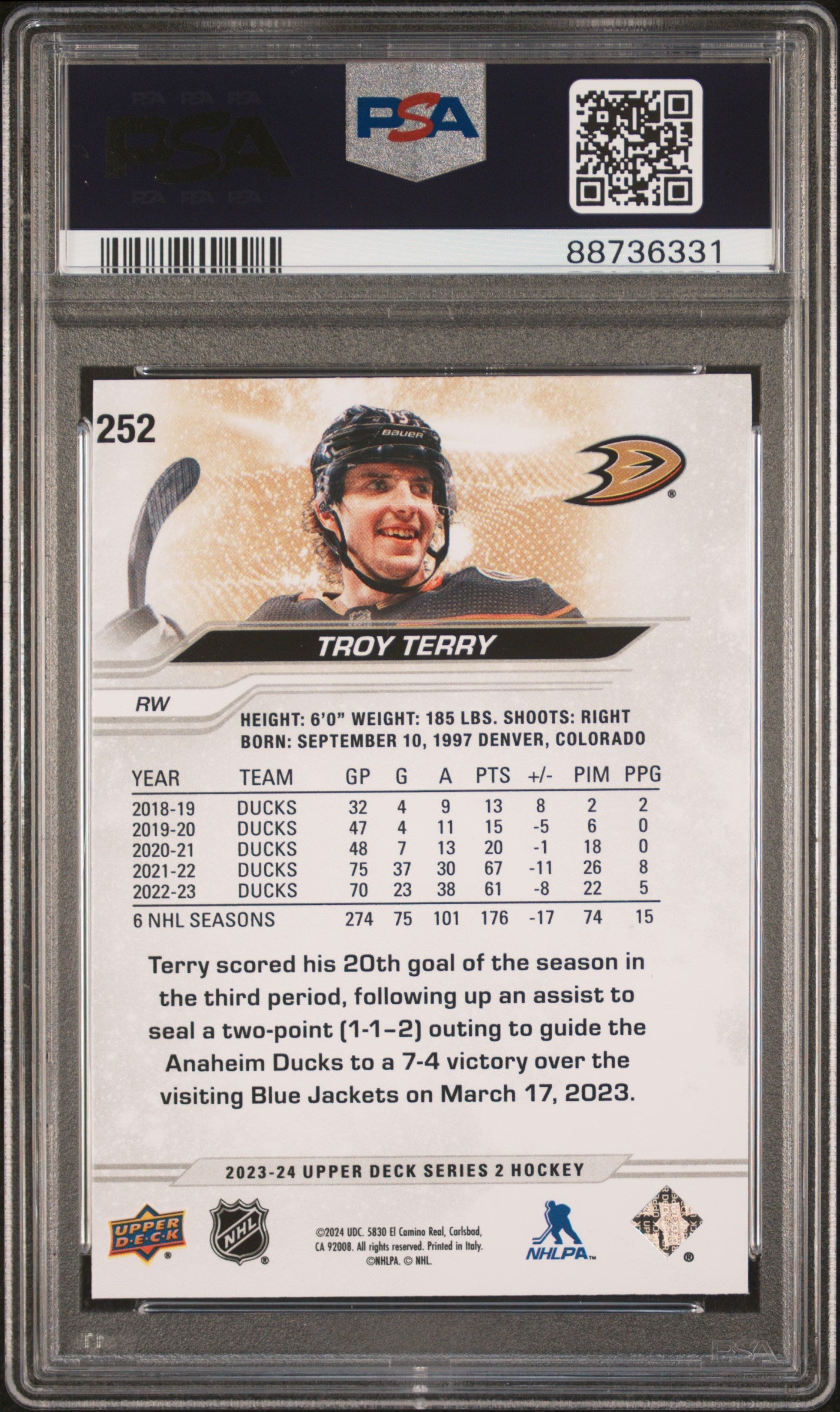 2023-24 Upper Deck Series 2 Troy Terry #252 Outburst Silver PSA 9