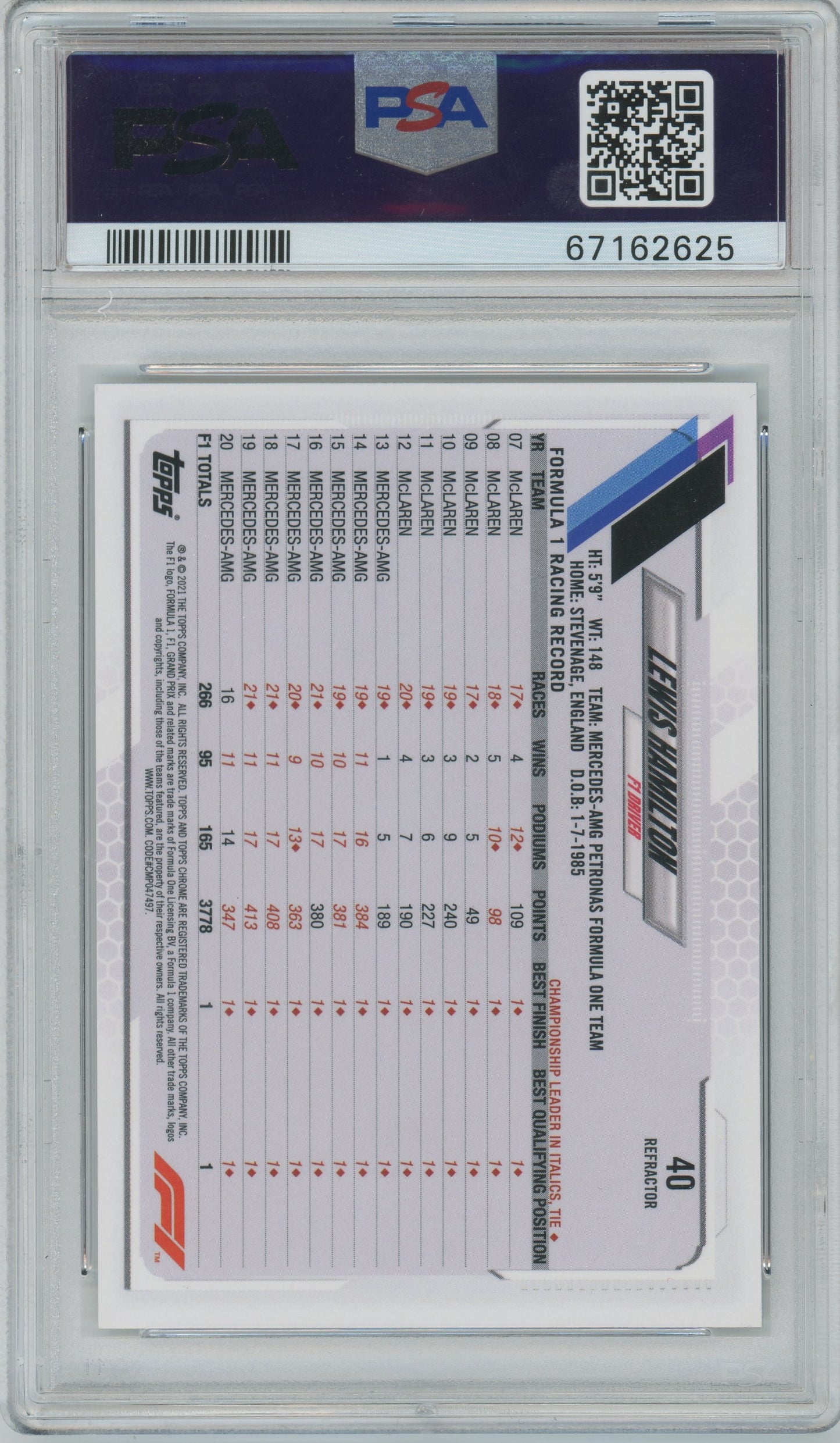 2021 Topps Chrome Formula 1 Lewis Hamilton #40 PSA 10