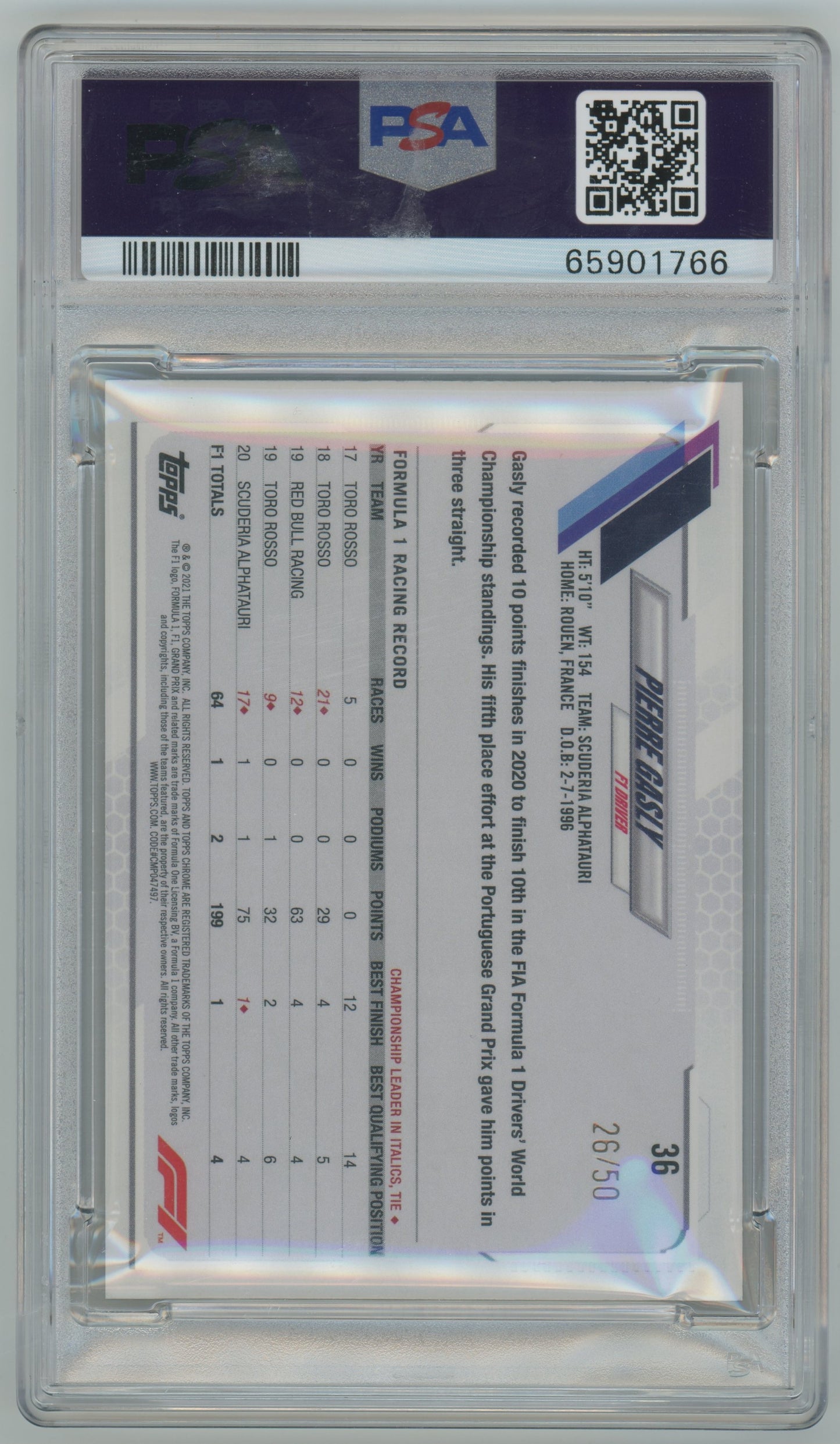 2021 Topps Chrome Formula 1 Pierre Gasly #36 PSA 10 - /50, ## 26/50