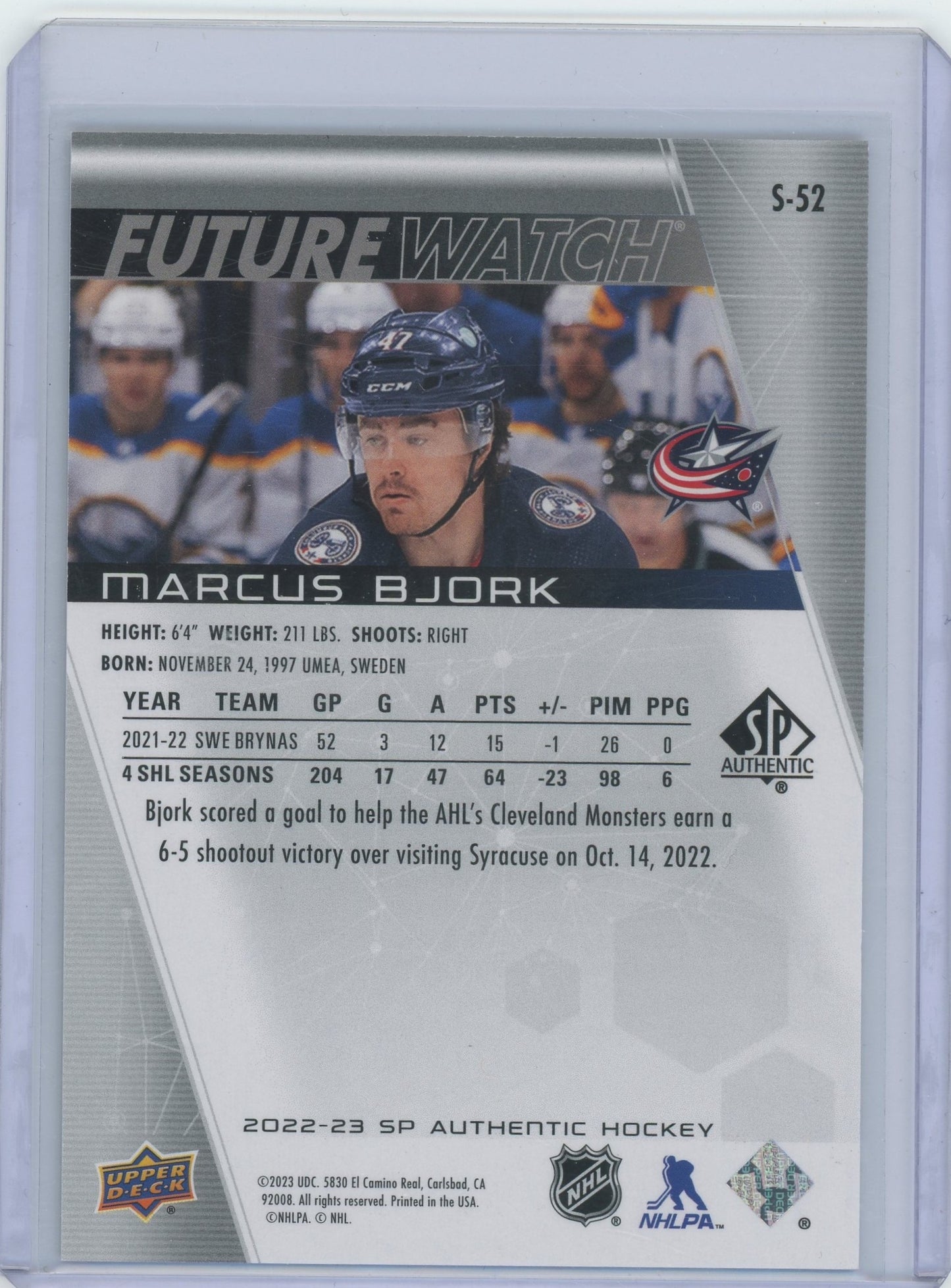 2022-23 SP Authentic Hockey Marcus Bjork #S-52 Future Watch Gold 33/50