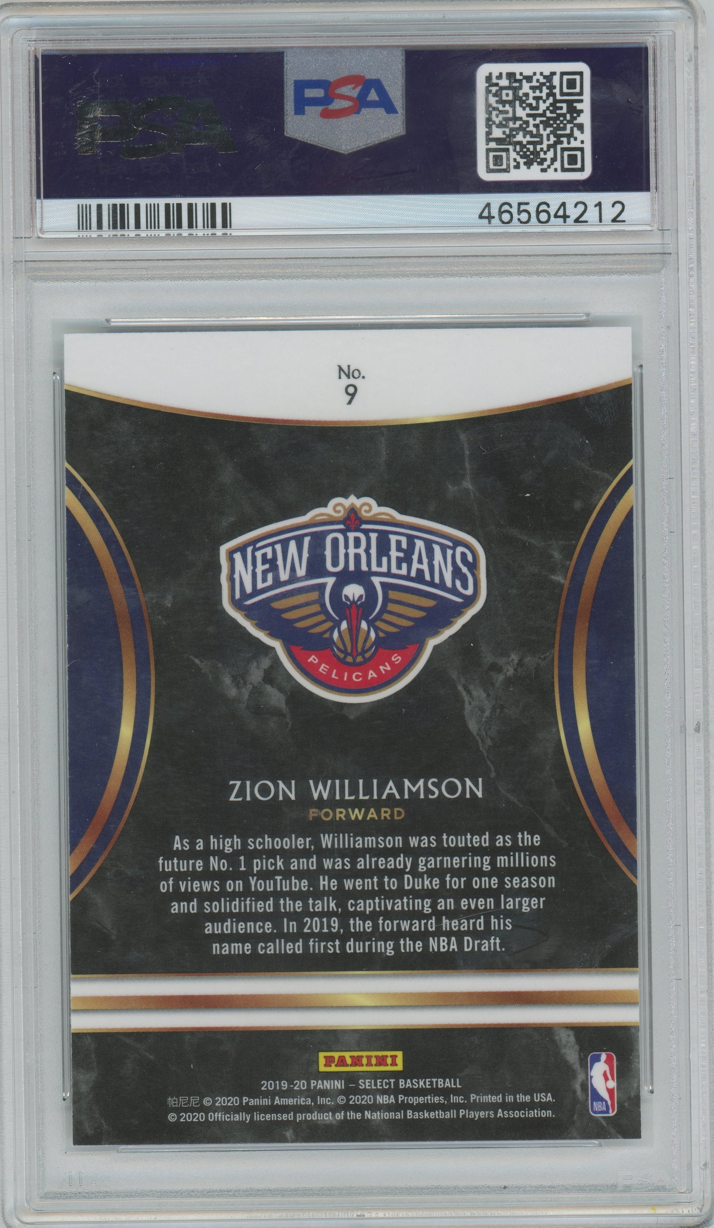 2019 Panini Select - Top Selections - Zion Williamson #9 - ROOKIE - PSA 9