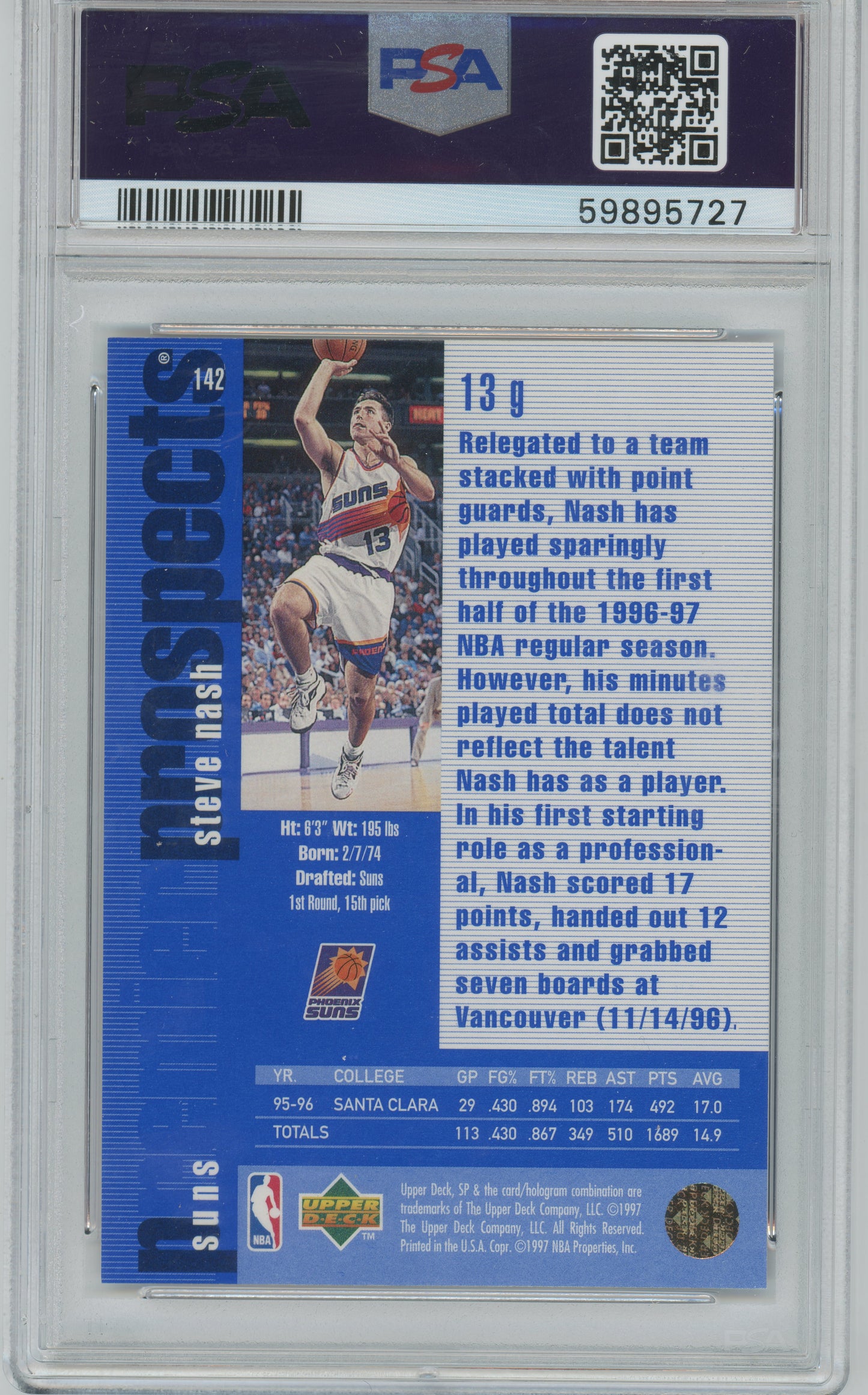 1996 Upper Deck SP - Steve Nash ROOKIE #142 - Premium Prospects - ROOKIE - PSA
